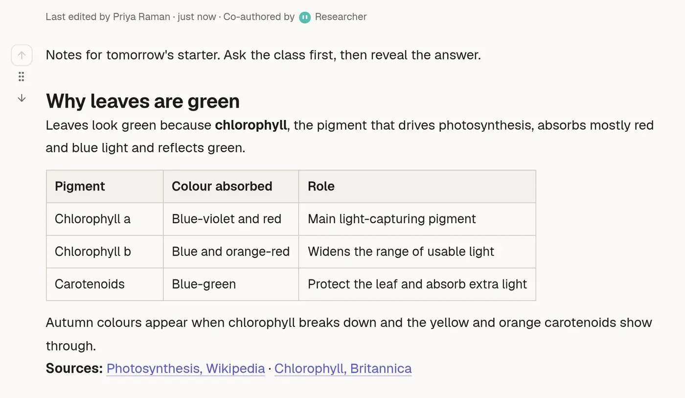 A page where the Researcher agent added a section with a table and sources