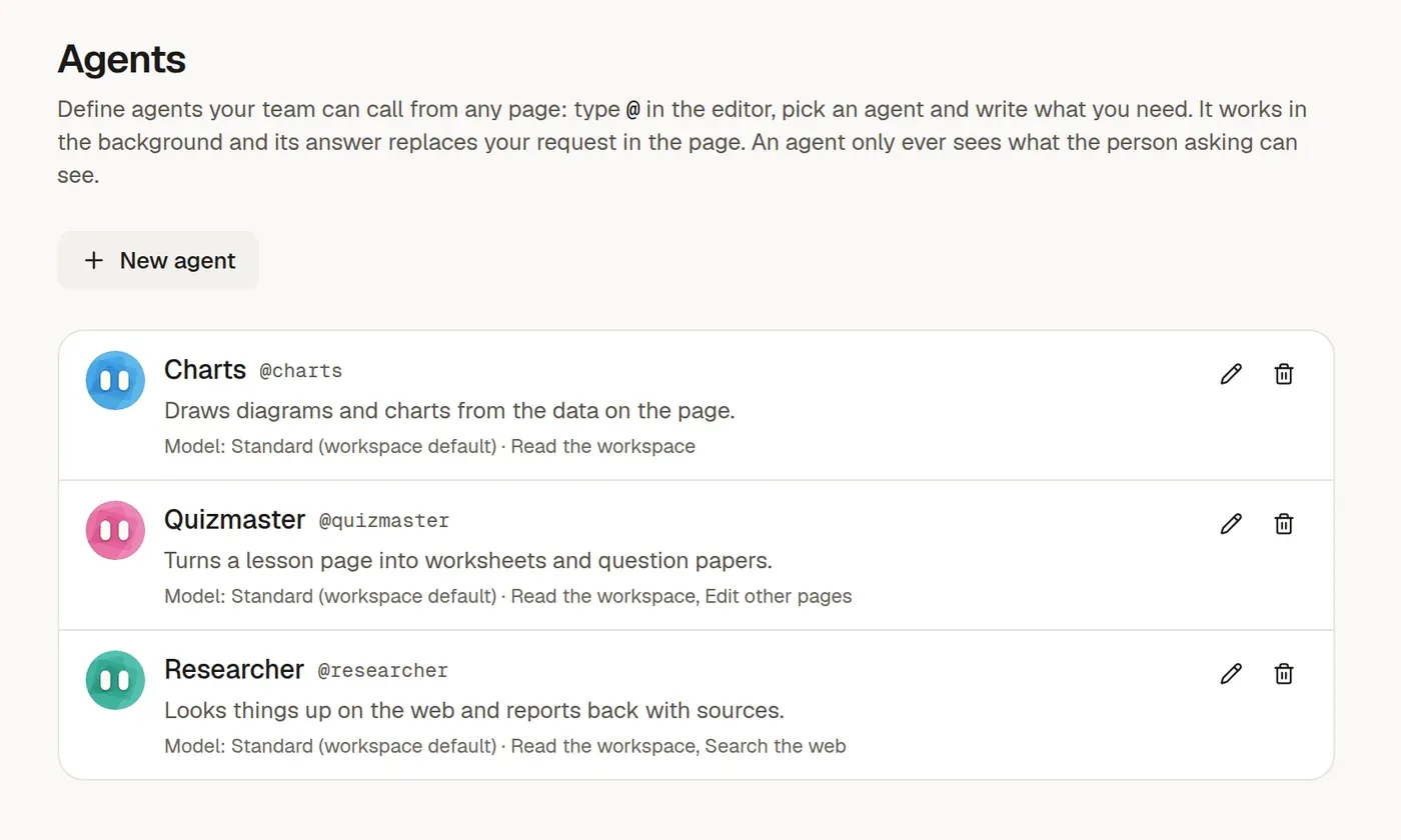 Settings listing three agents, each with its own colour: Charts, Quizmaster and Researcher