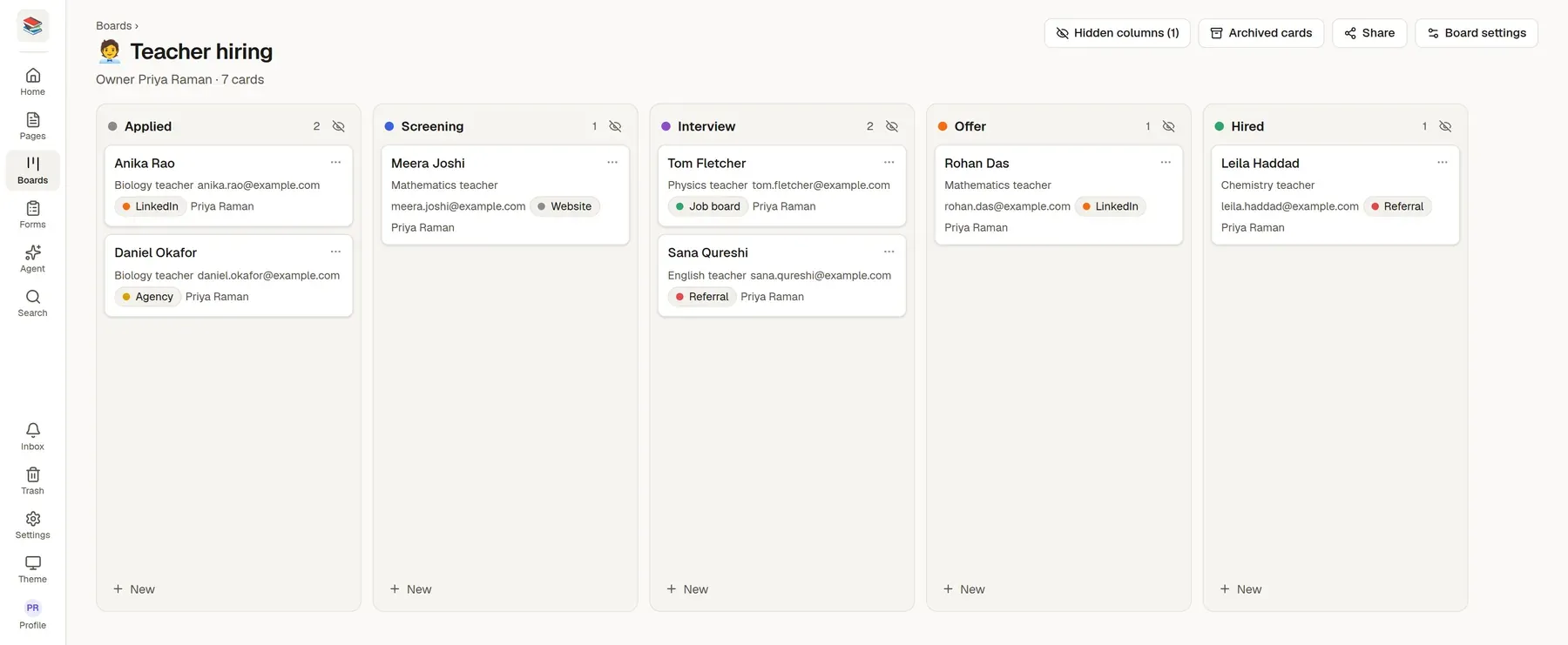 A hiring board with a card for each candidate, in columns from Applied to Hired