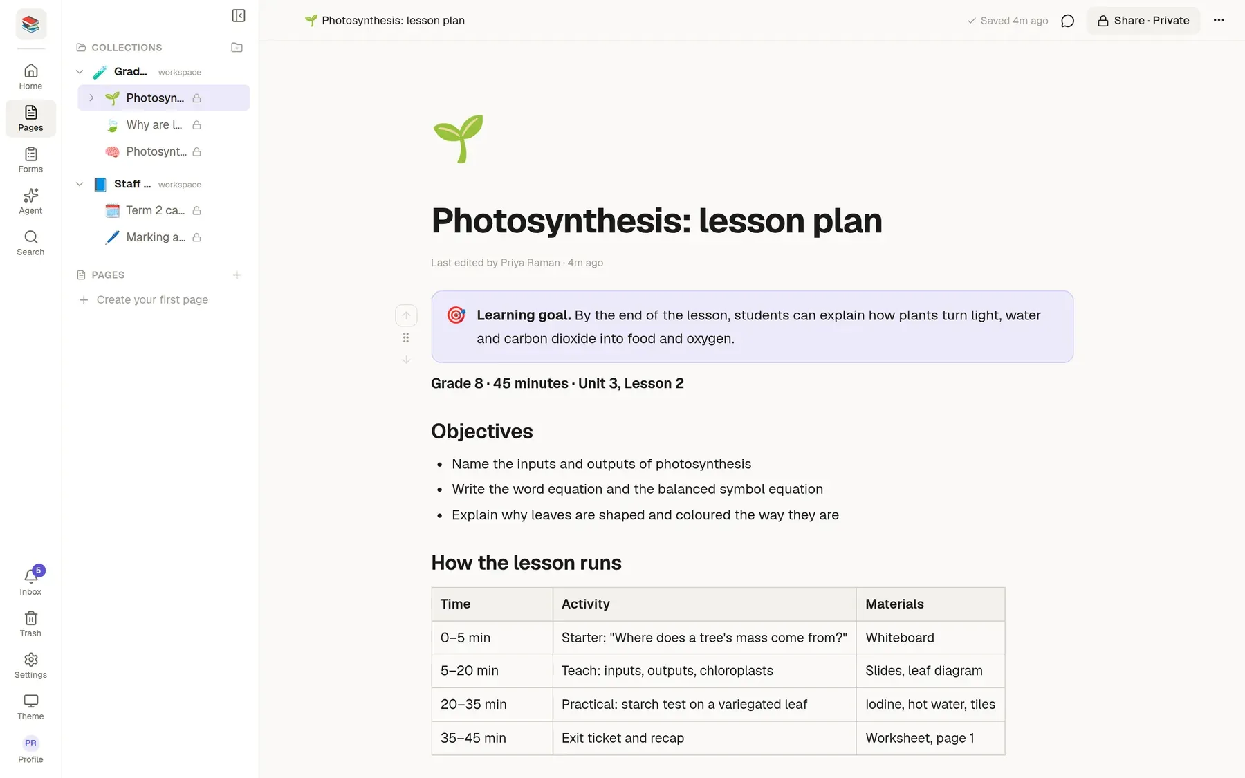 A TheNoteMaker page: a lesson plan with a learning-goal callout, objectives and a timing table