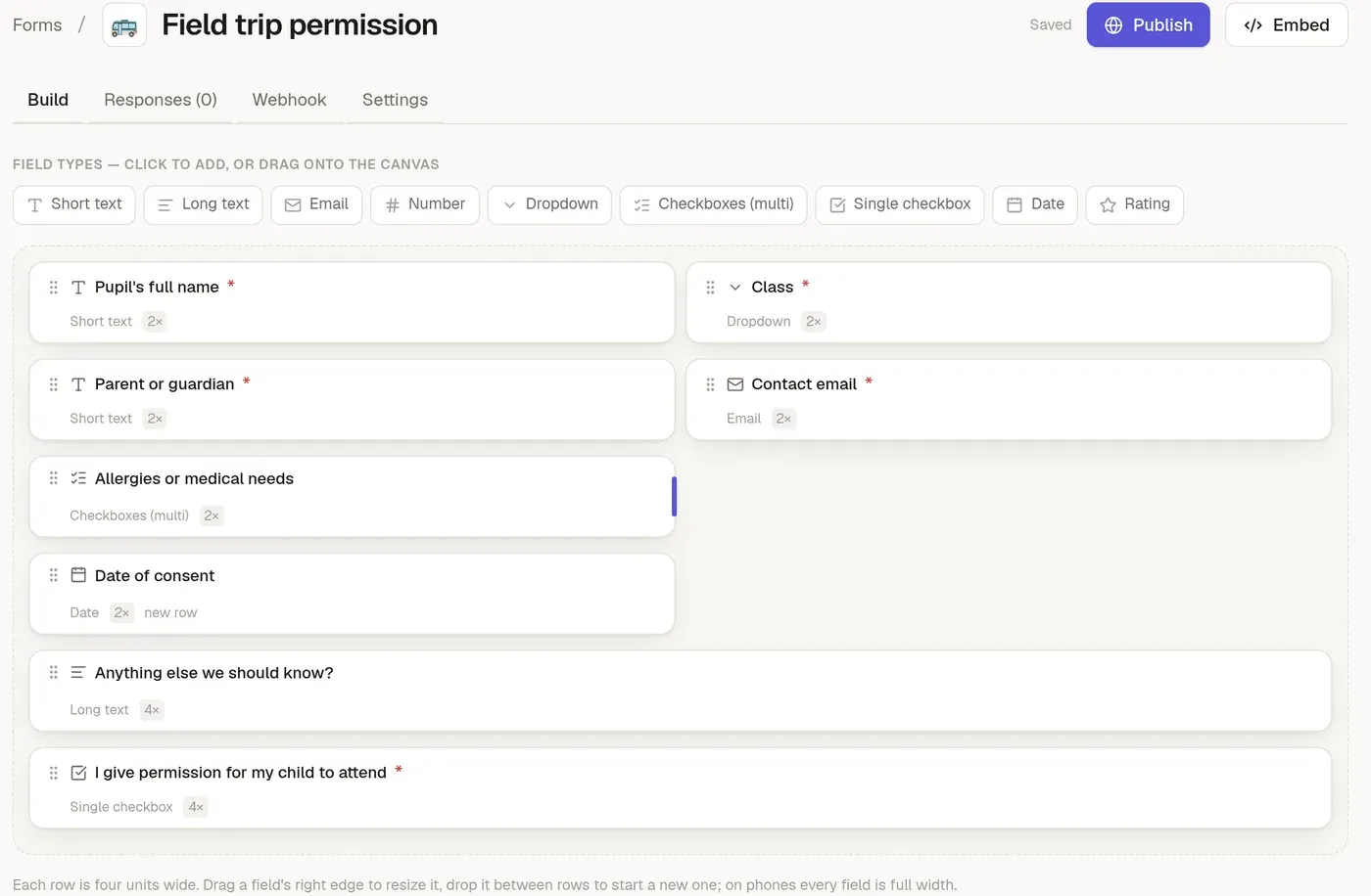 The form designer with a permission slip laid out on a grid