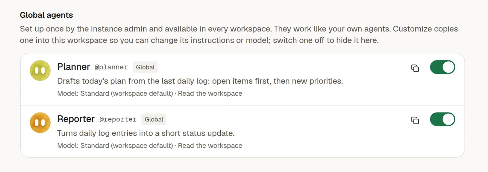 Settings listing the global agents Planner and Reporter, each with a Global badge, a copy button and an on/off switch