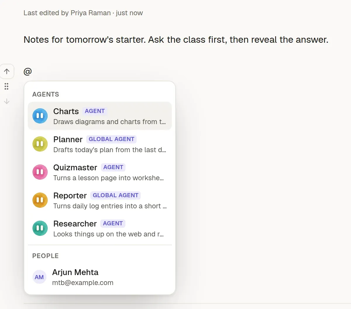 Typing @ in a page opens a menu of workspace agents, global agents and teammates