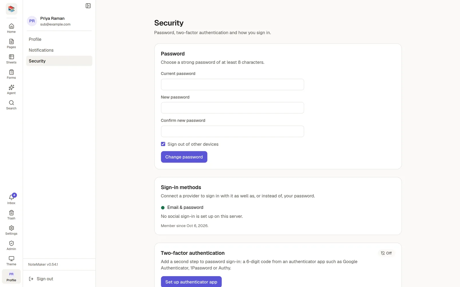 The Security page with the Profile panel on the left, showing Password, Sign-in methods and Two-factor authentication