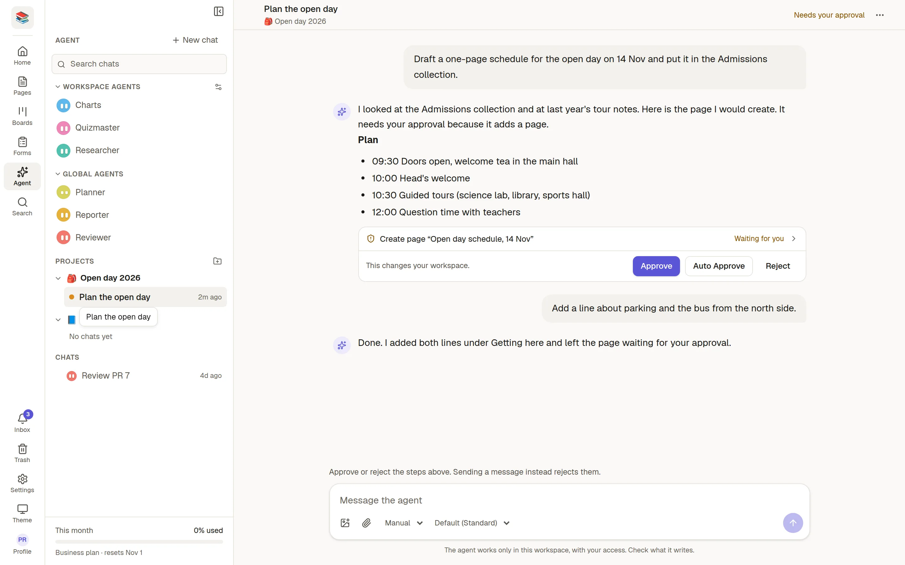 A conversation where the agent drafts an open day schedule and waits for approval