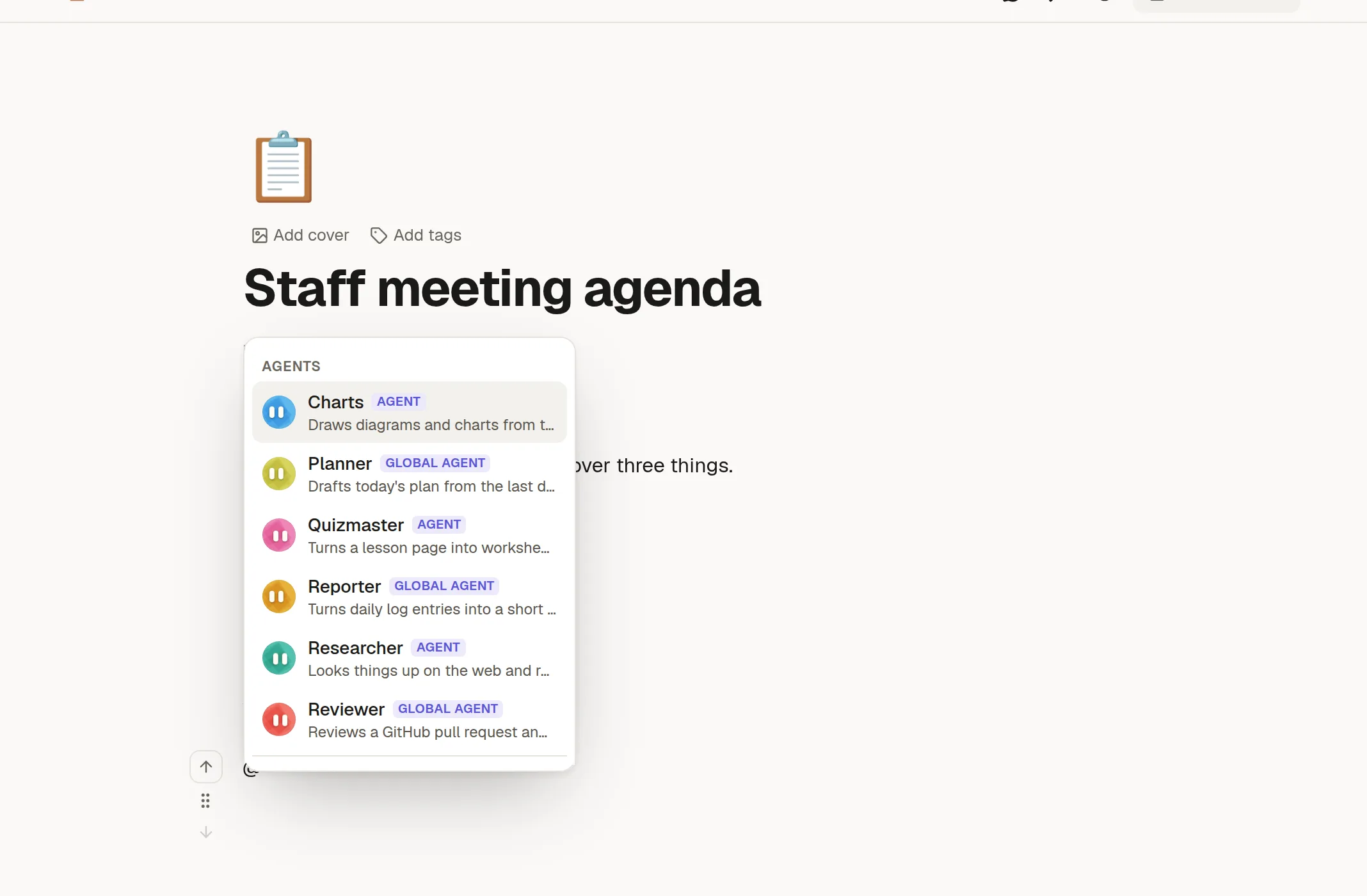 Typing @ in a page shows the list of agents