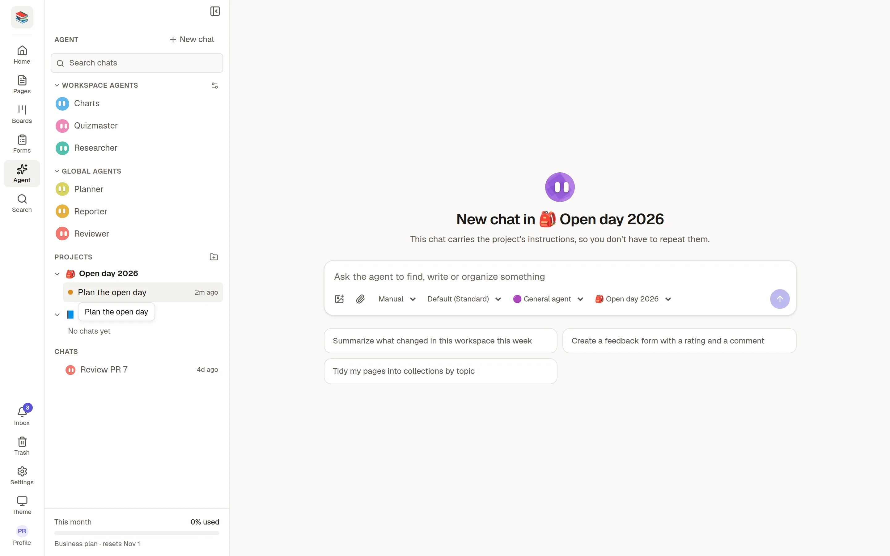 A new chat inside the Open day 2026 project