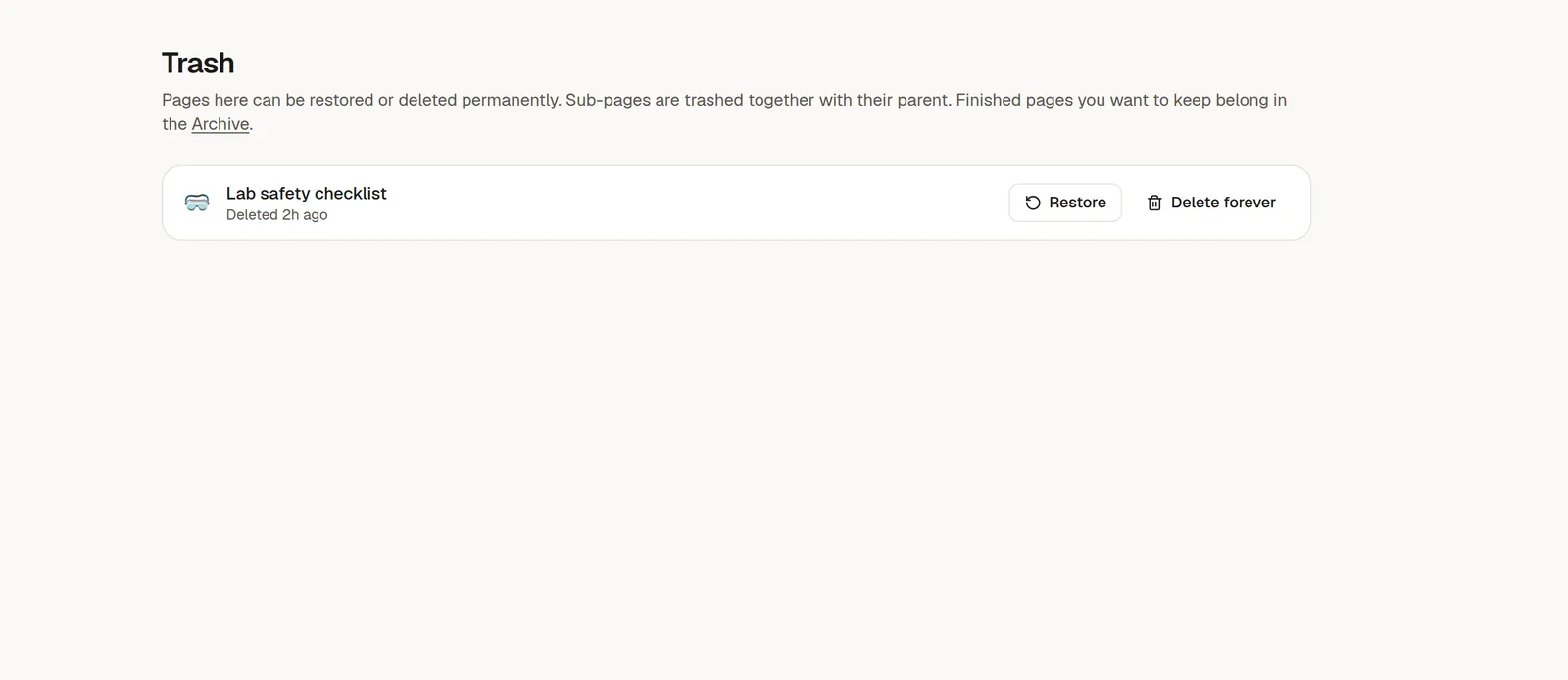 The Archive screen listing finished pages with a Restore button on each row