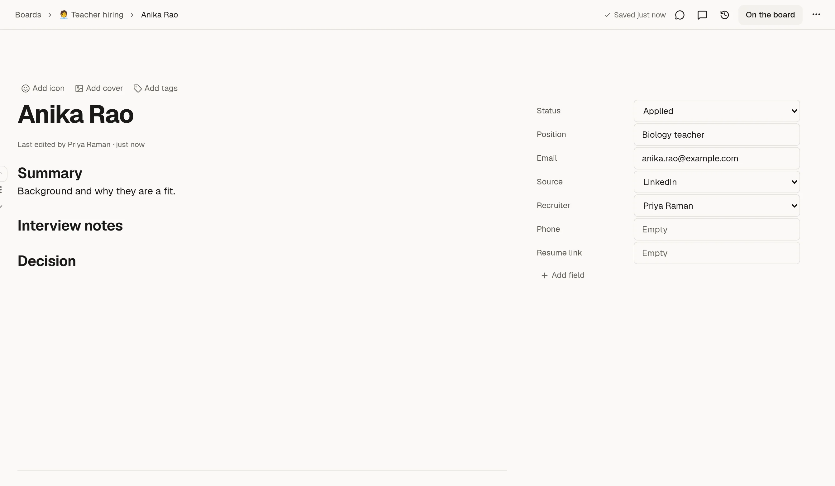 A card opened as a page, with Status, Position, Email and other fields on the right