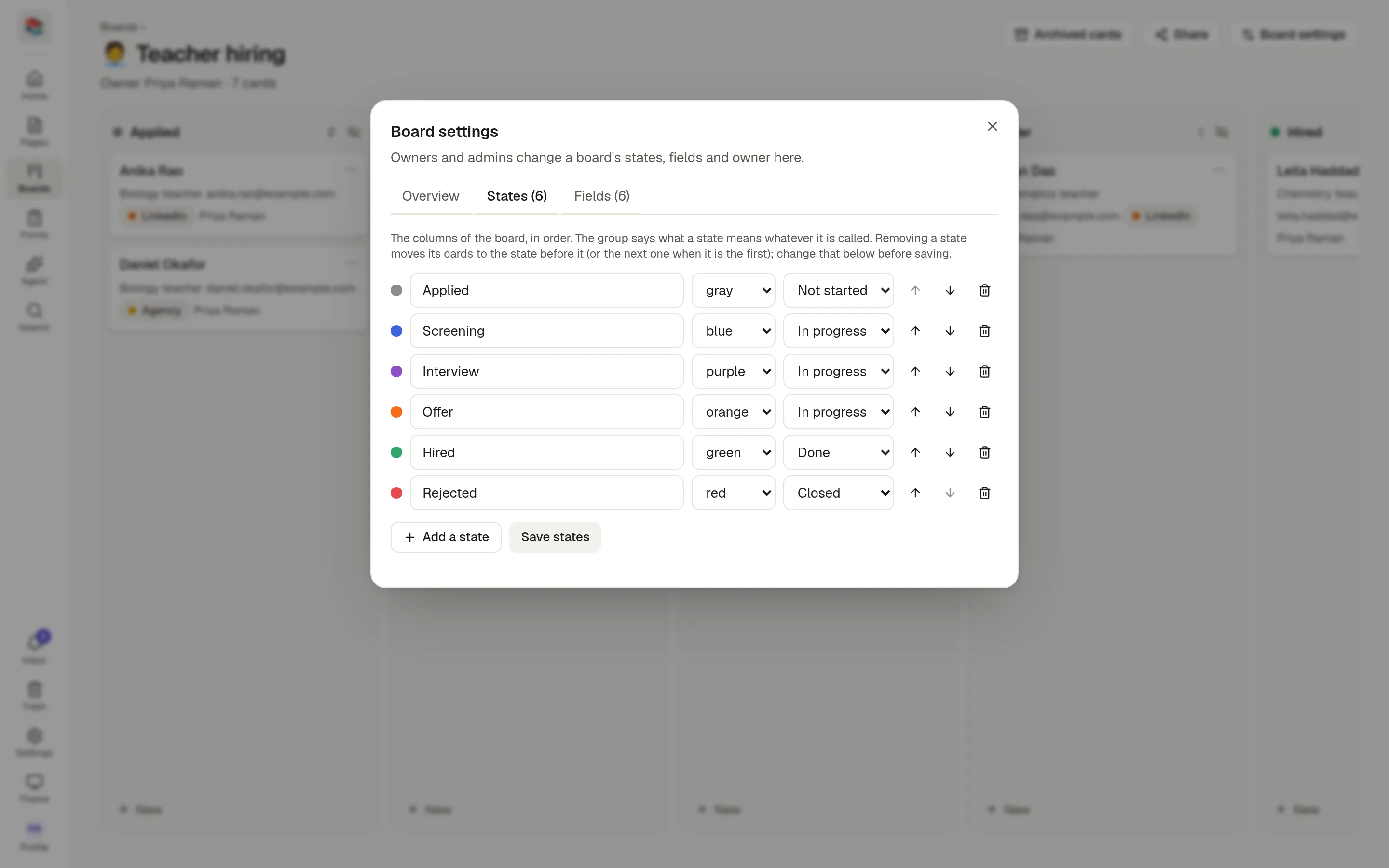 Board settings on the States tab, listing Applied, Screening, Interview, Offer, Hired and Rejected