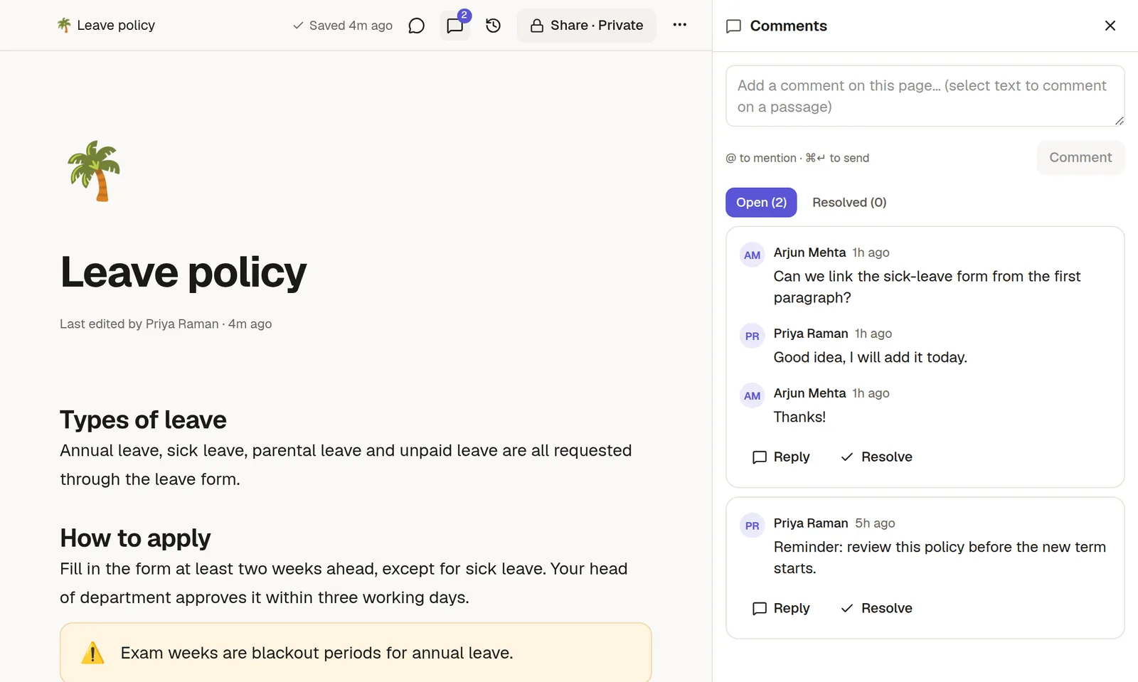 A page with a highlighted phrase and the comments panel showing a thread with a reply