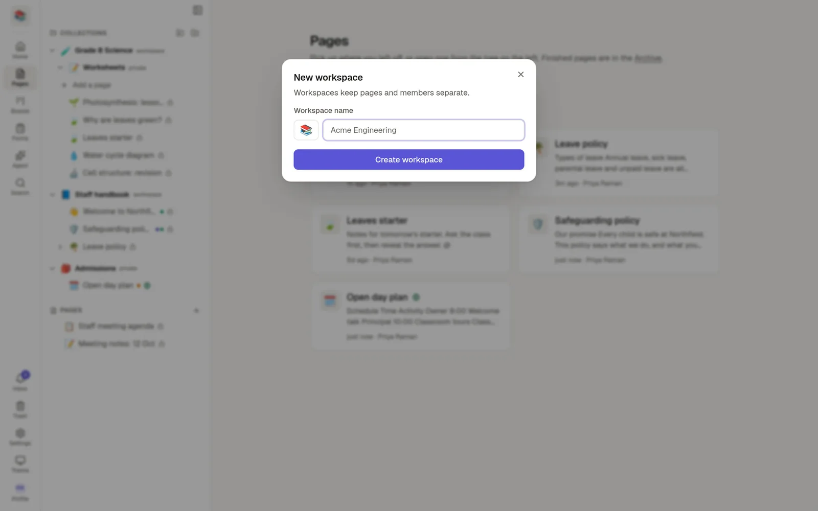 The New workspace dialog, with a name field and a Create workspace button