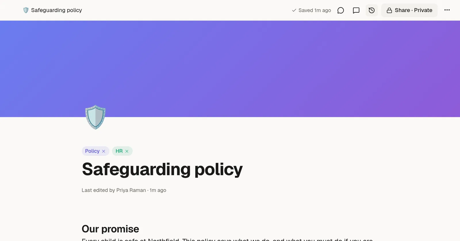 A page header with a cover picture, an icon, two coloured tags and the title