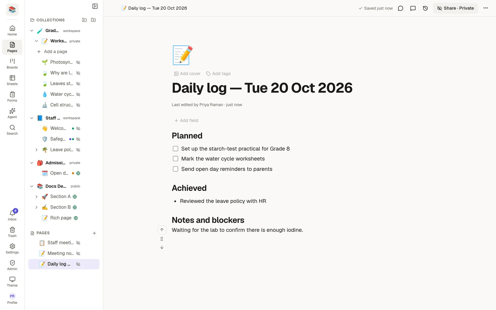 A daily log page with Planned tasks, an Achieved list and Notes and blockers
