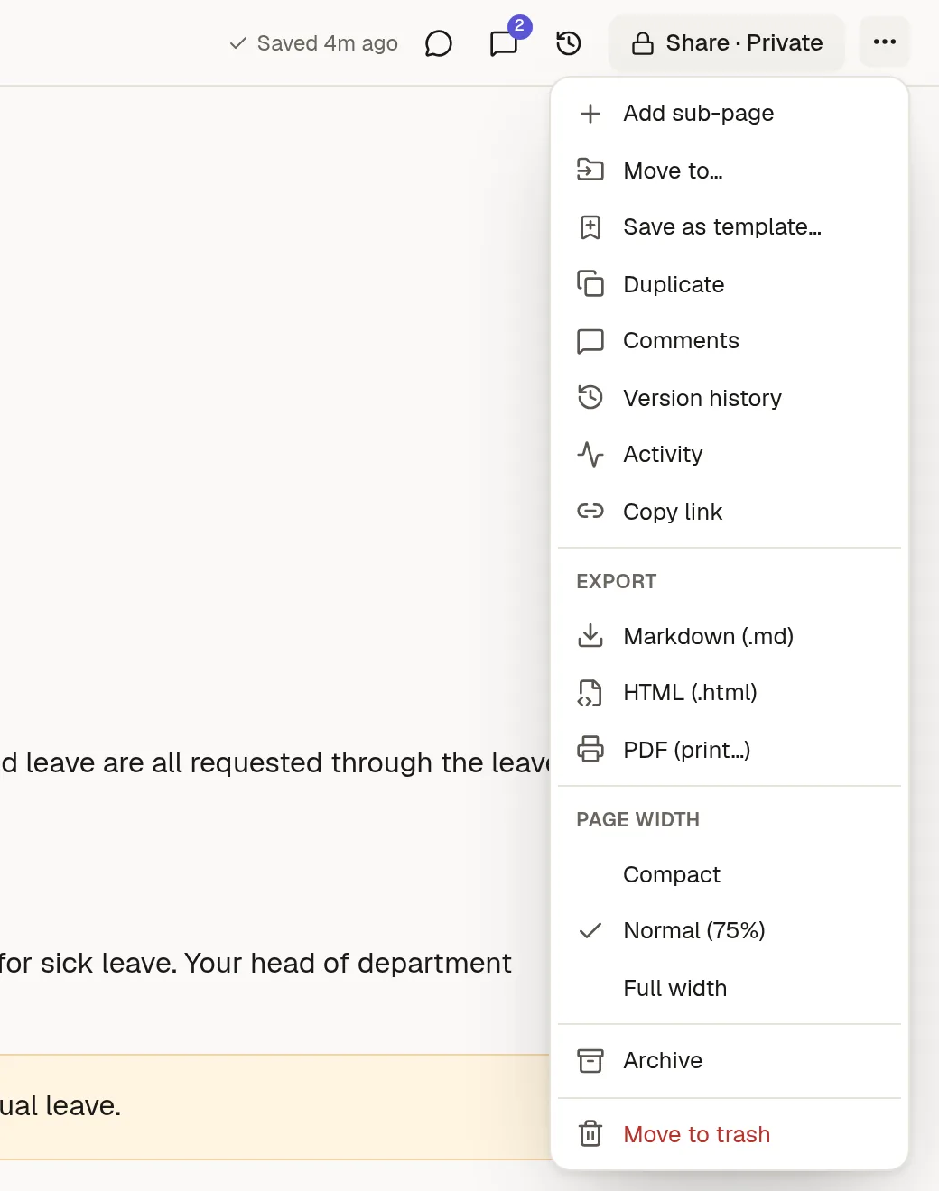 The page menu open with the Export options Markdown, HTML and PDF