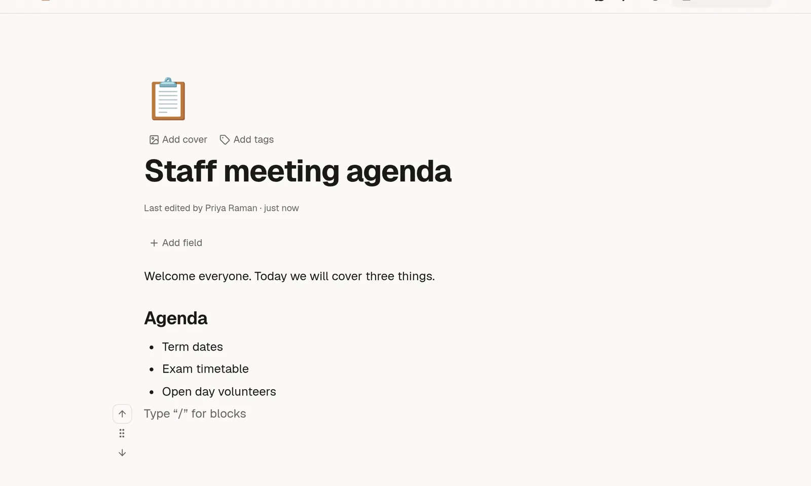 A new page with a title, a paragraph, an Agenda heading and a short bullet list