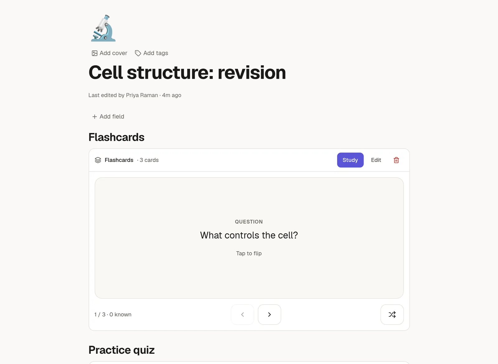 A flashcard deck showing a question card, next to a quiz with one answer marked correct