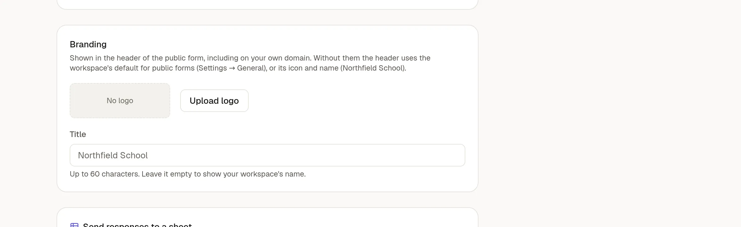 The Branding section with an Upload logo button and a Title field