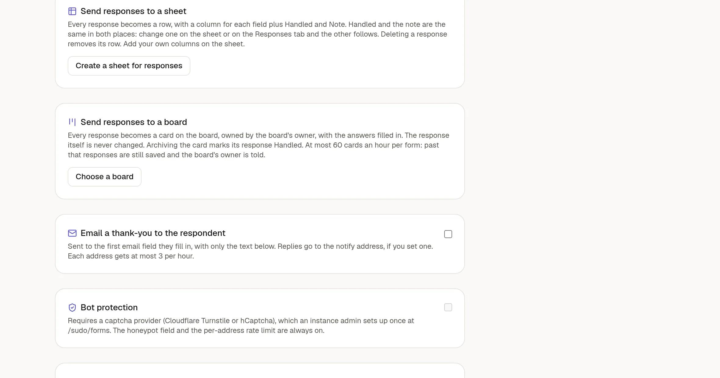 The form Settings tab with Send responses to a sheet and Send responses to a board
