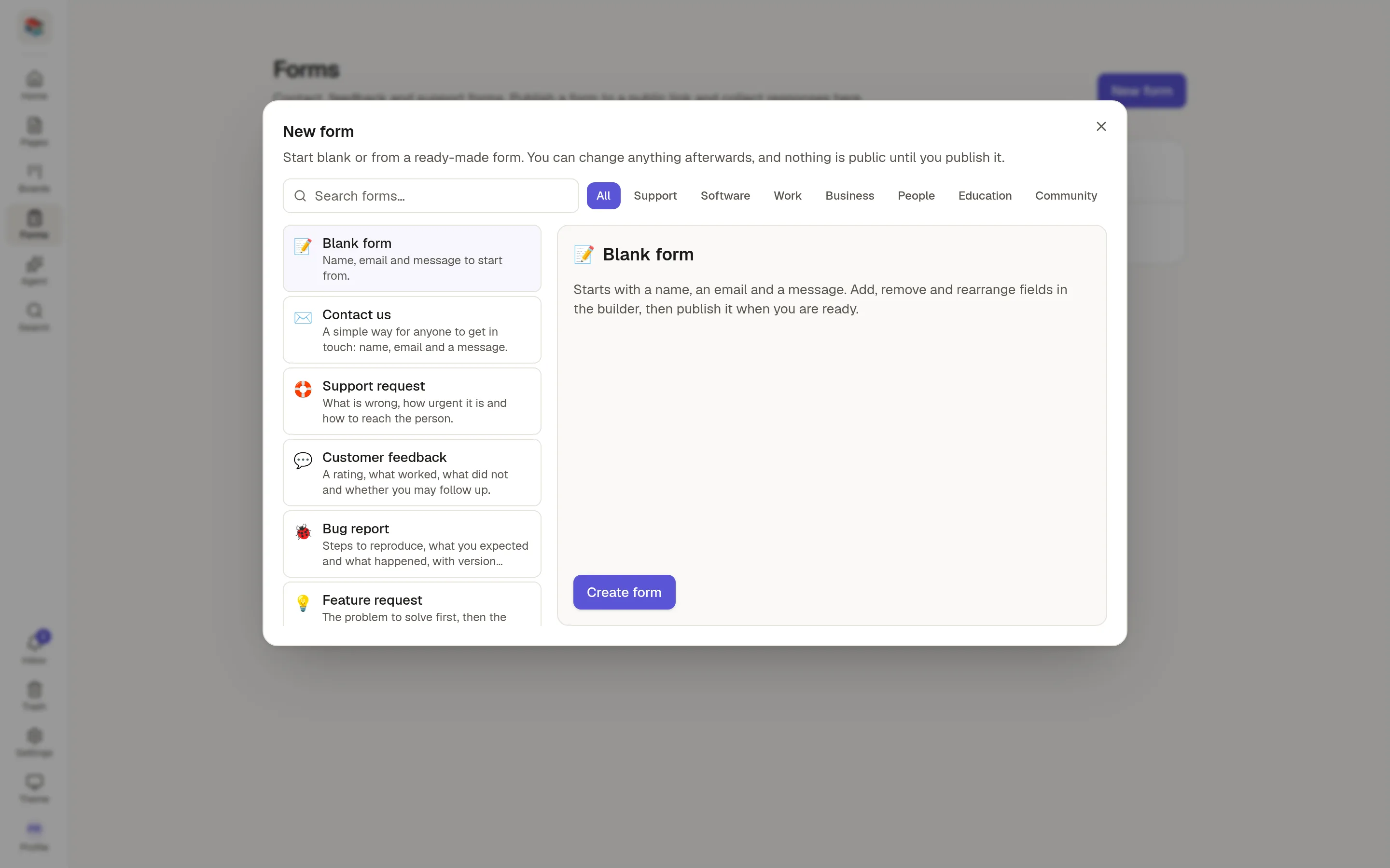 The New form window listing Blank form, Contact us, Support request, Customer feedback and more