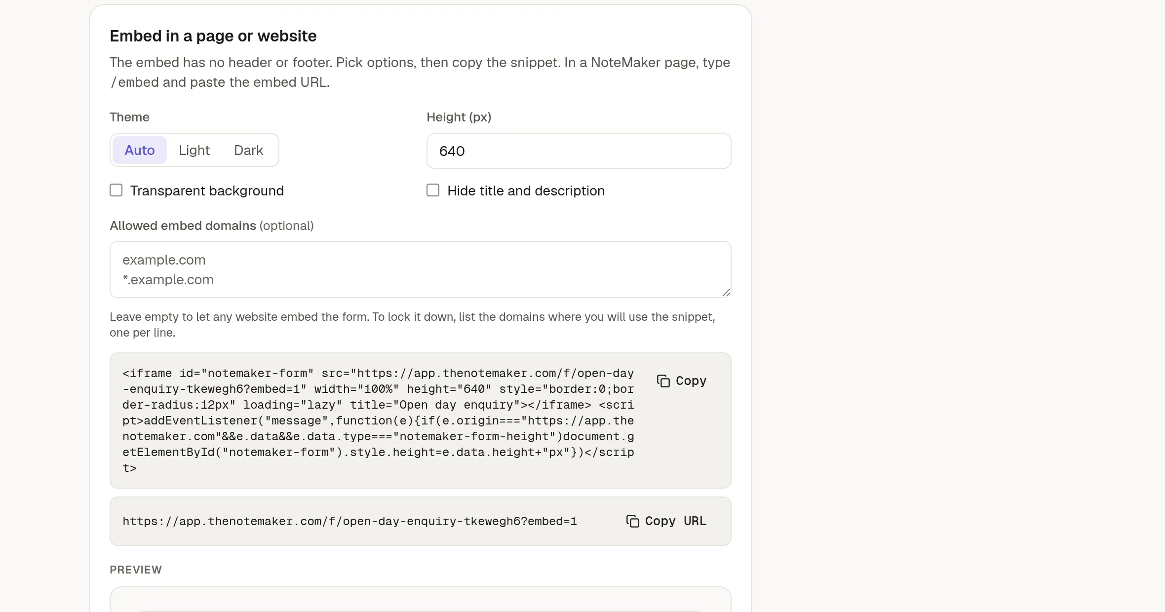 The Embed section with theme, height, allowed domains and the code to copy