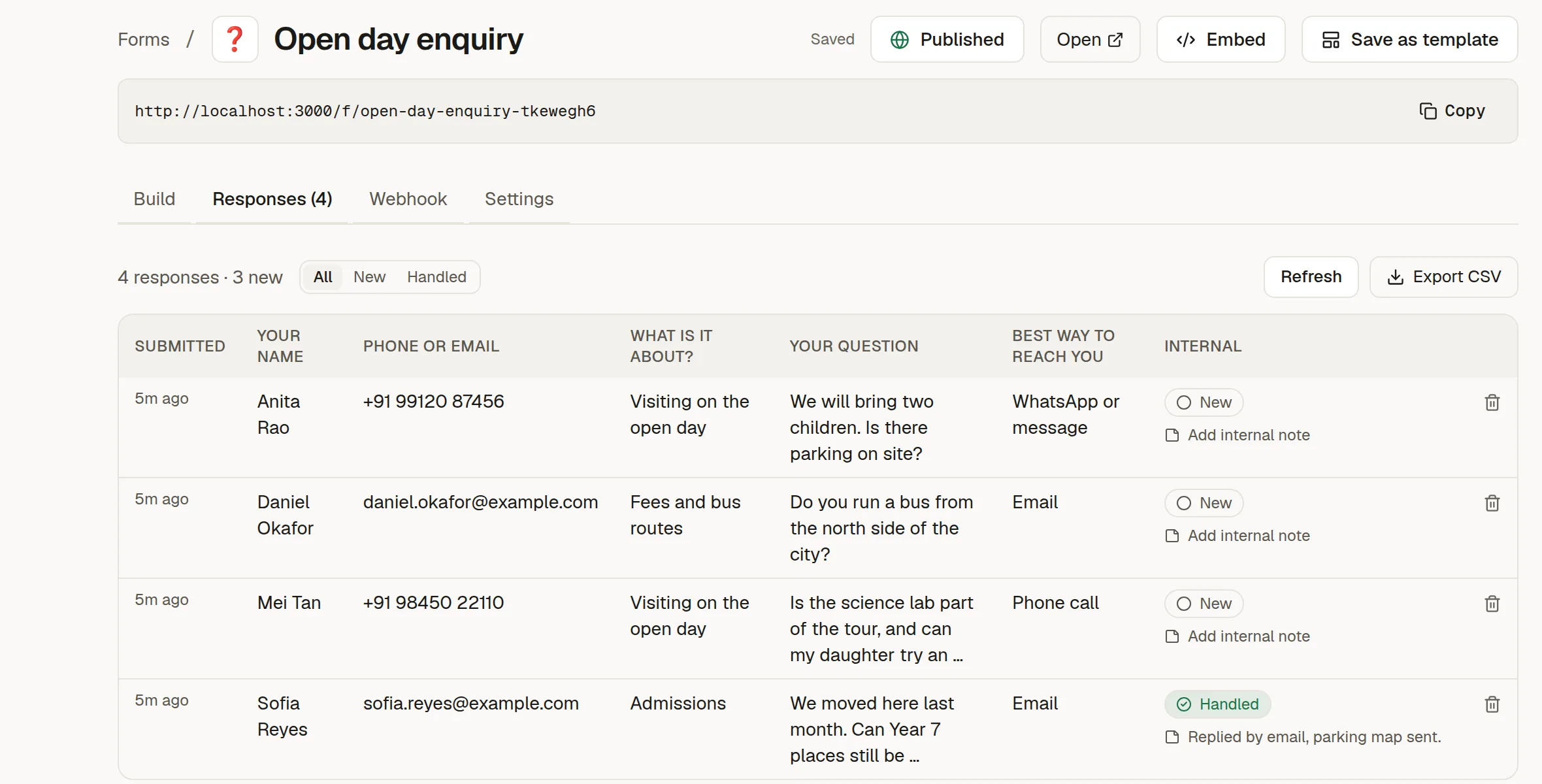 The Responses tab with a table of answers and a New or Handled status on each row