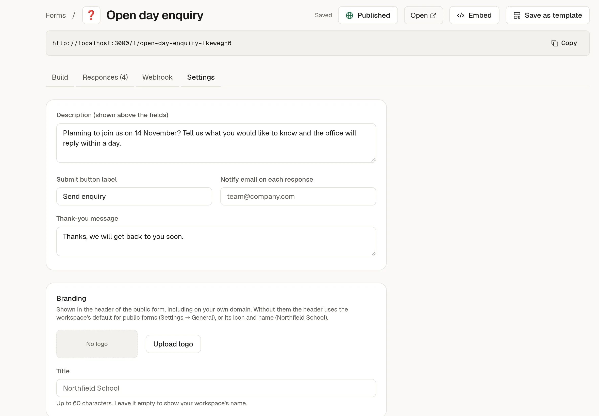 The form Settings tab with the description, submit button label, notify email and thank-you message