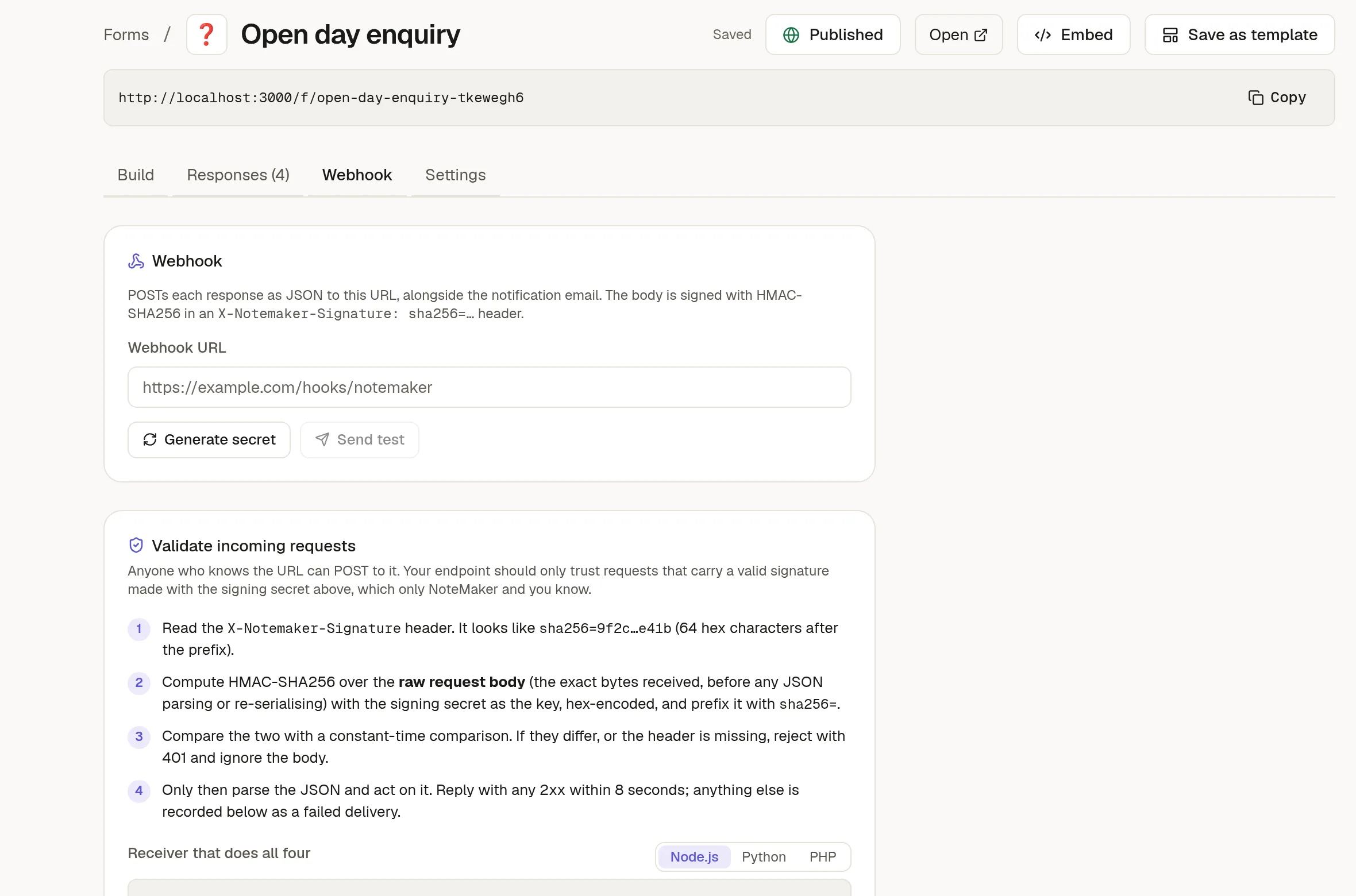 The Webhook tab with the URL, secret and steps for validating requests