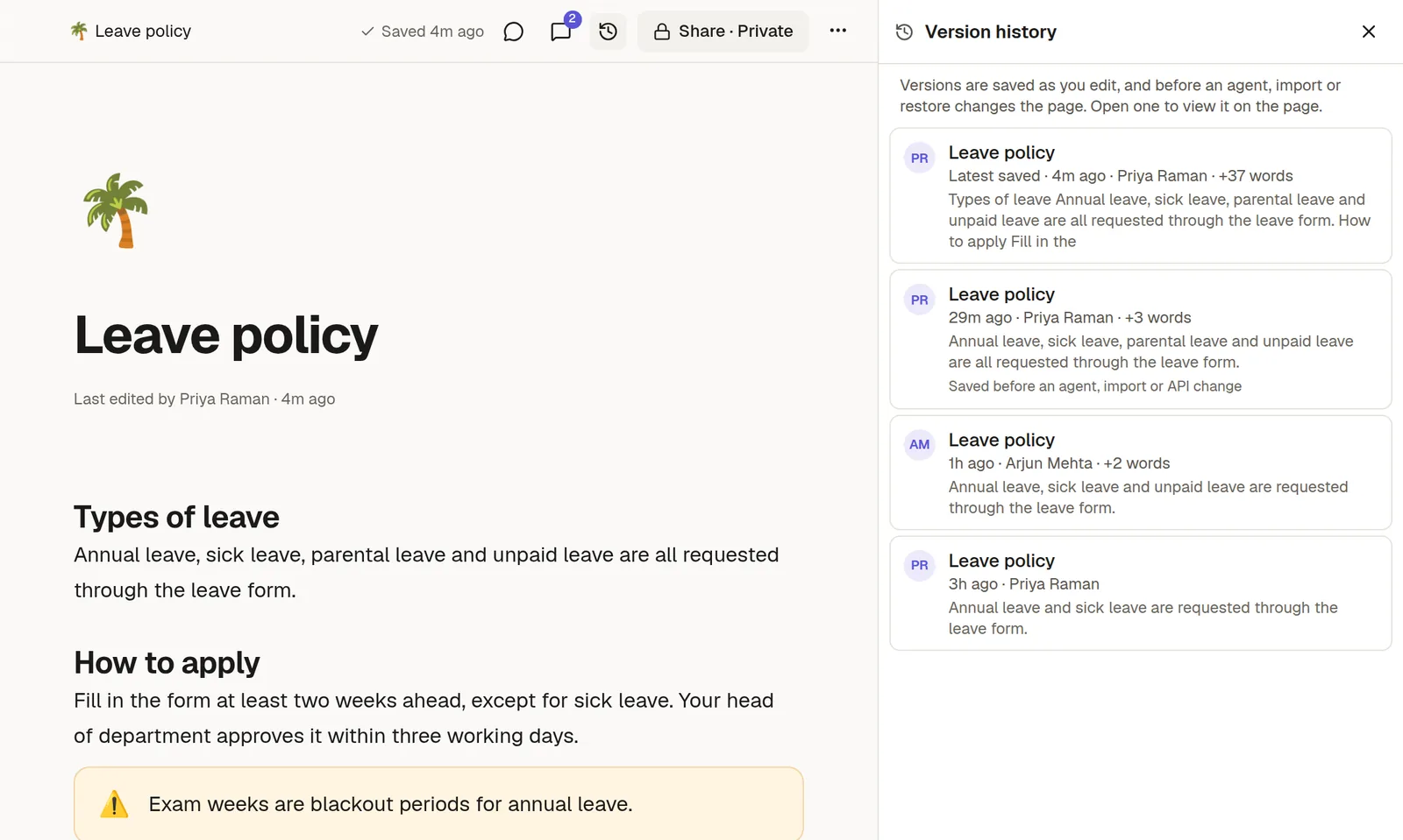 The version history panel listing earlier versions, with one previewed on the page