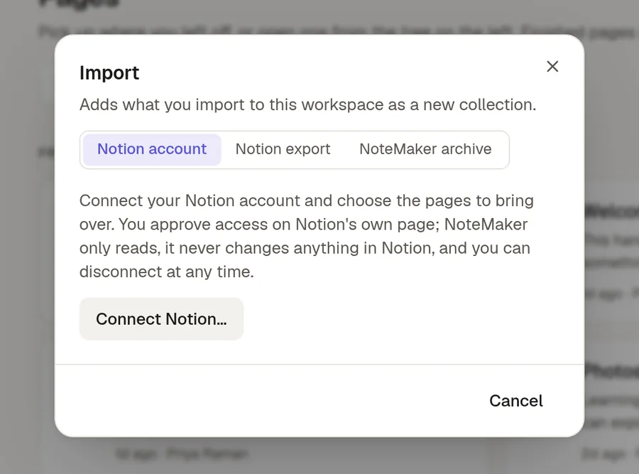 The Import window on the Notion account tab, with a Connect Notion button