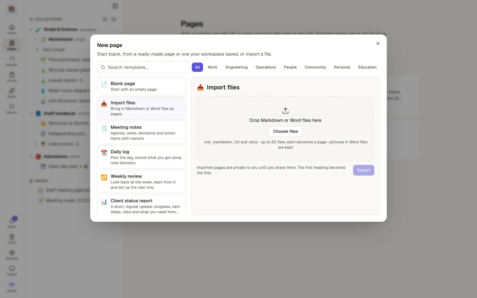 The Import files panel with two Markdown files and a Word document ready to import