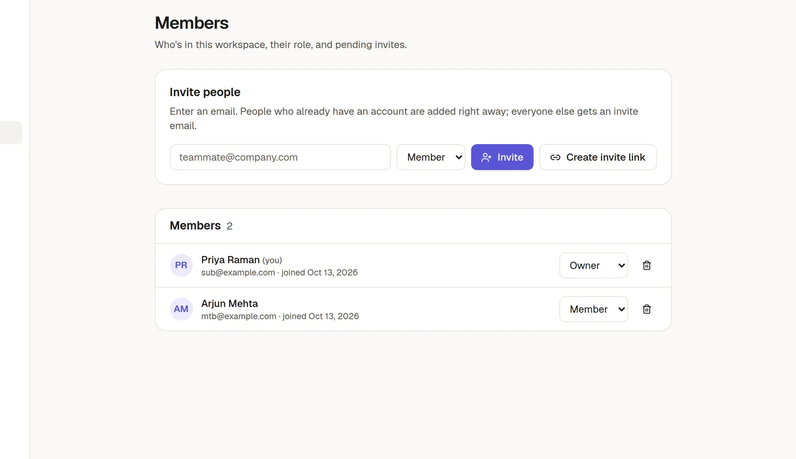 Settings, Members: the Invite people box and the list of members with their roles