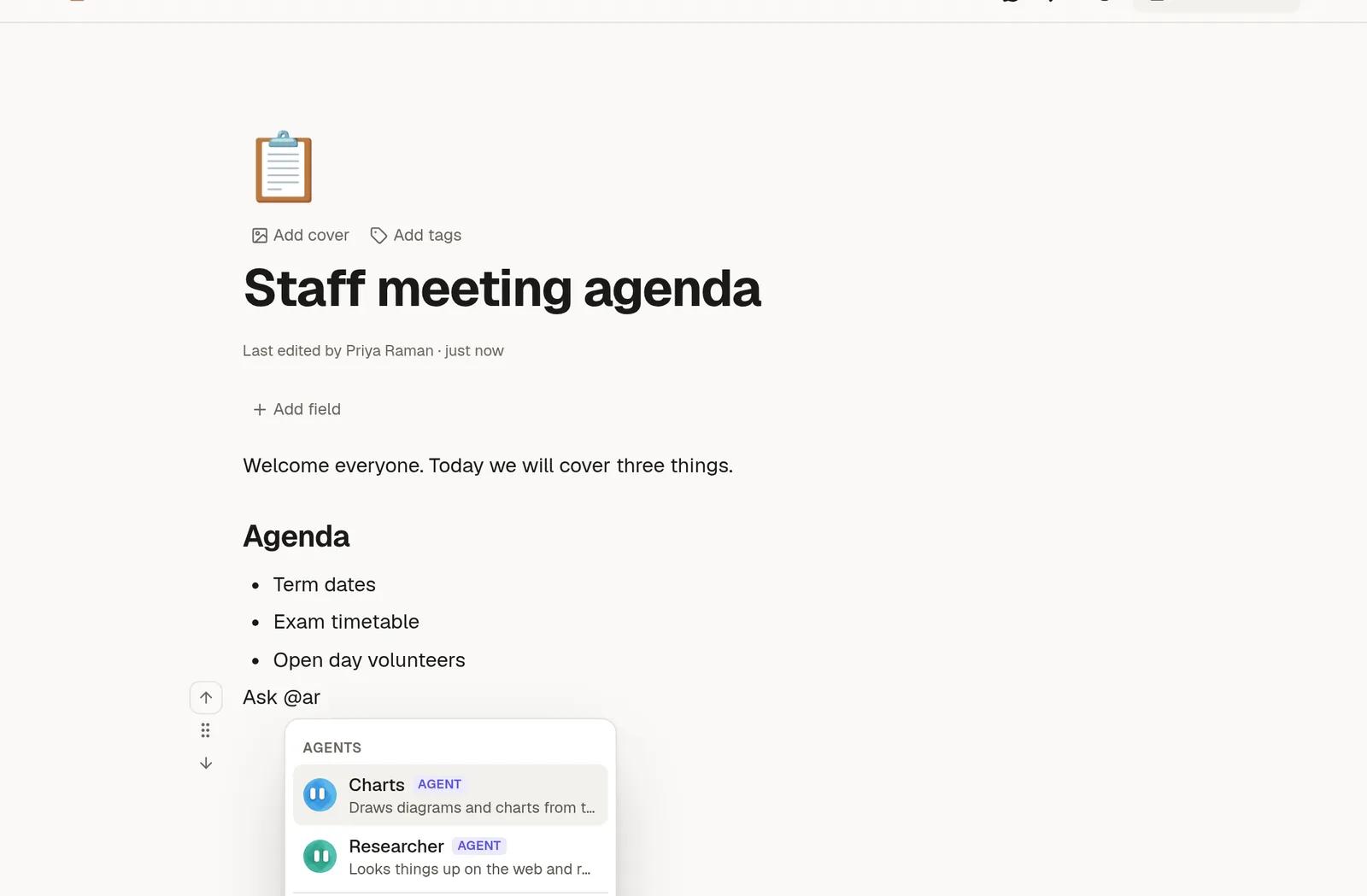 The mention menu open on a page, listing people and agents