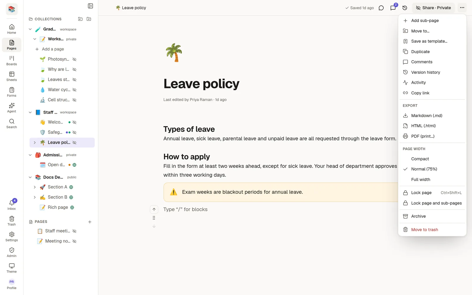 The page menu with Lock page and Lock page and sub-pages above Archive and Move to trash