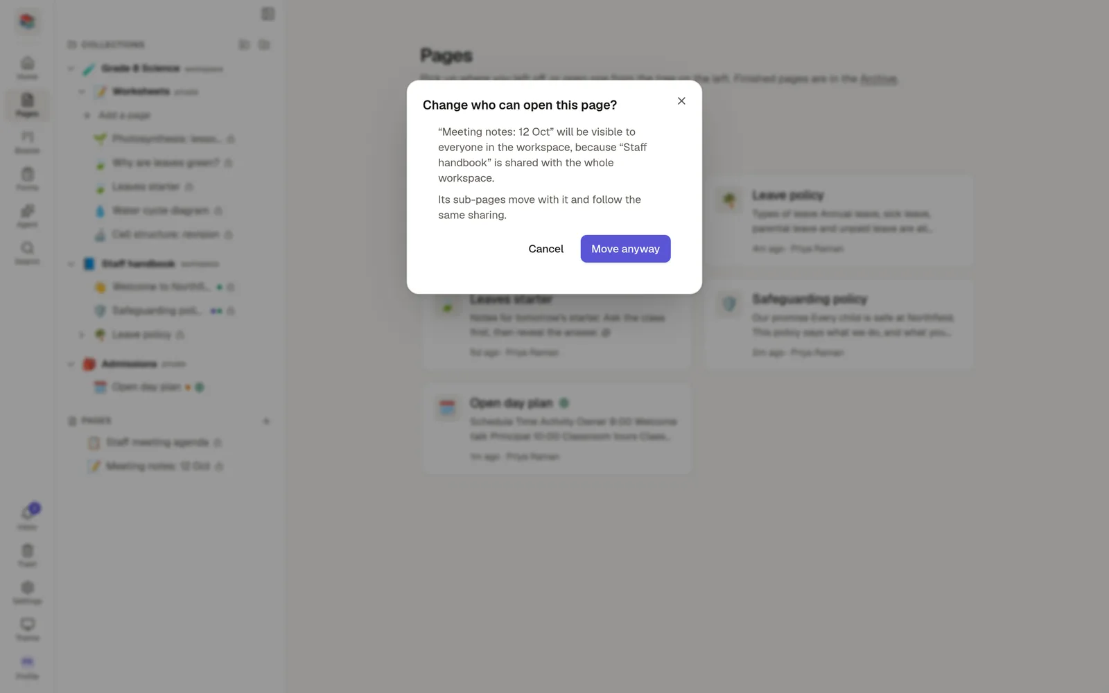 A confirmation window asking whether to change who can open a page that is being moved into a shared collection