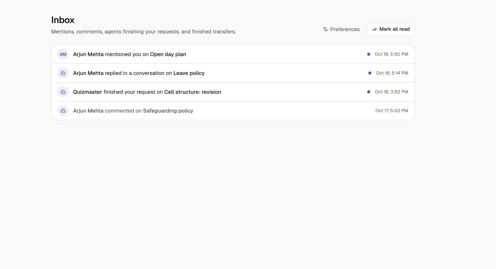 The Inbox listing a mention, a comment reply and a finished agent task