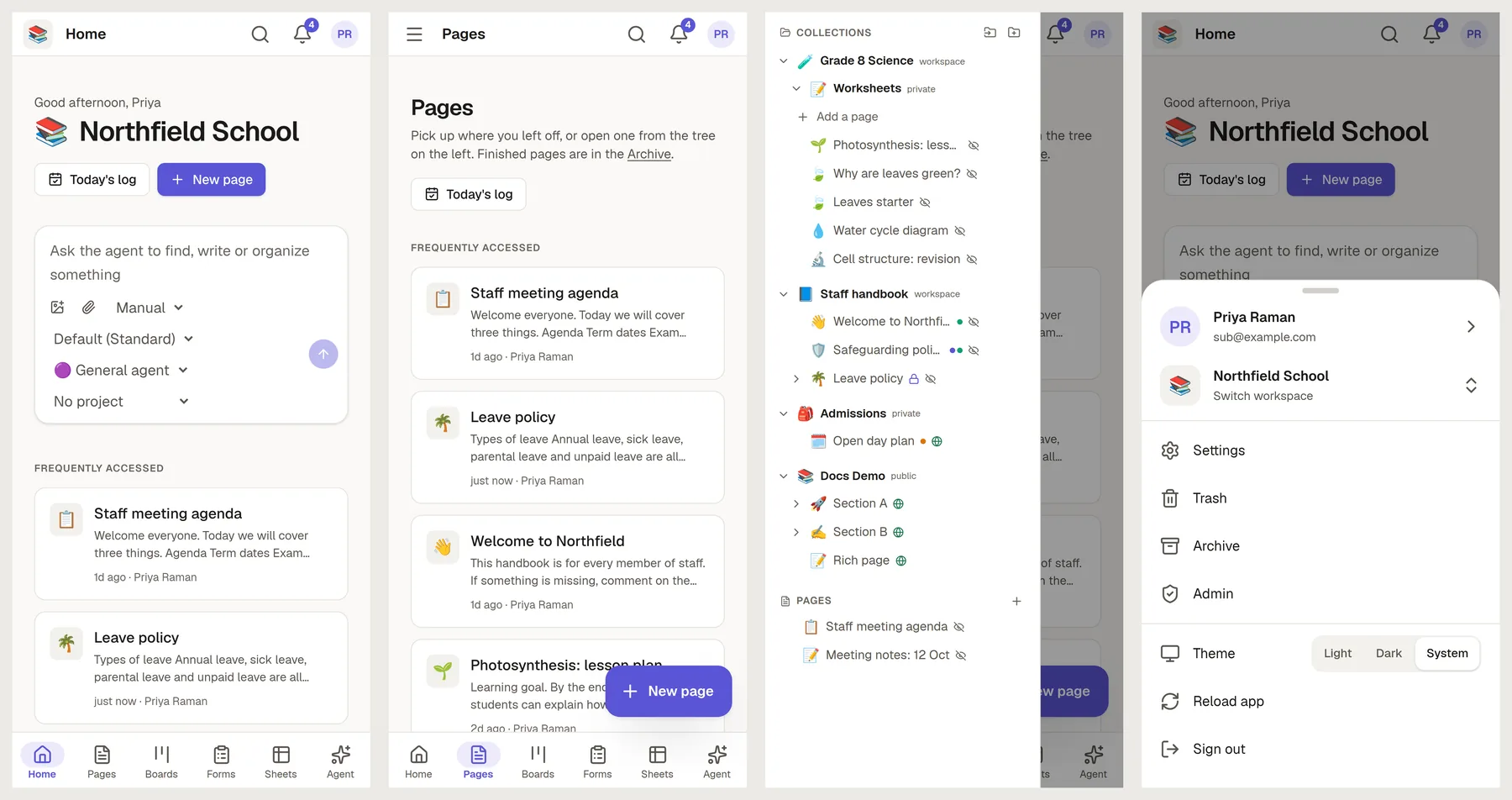Four phone screens: Home with the bottom bar, Pages with the New page button, the Pages menu, and the account sheet