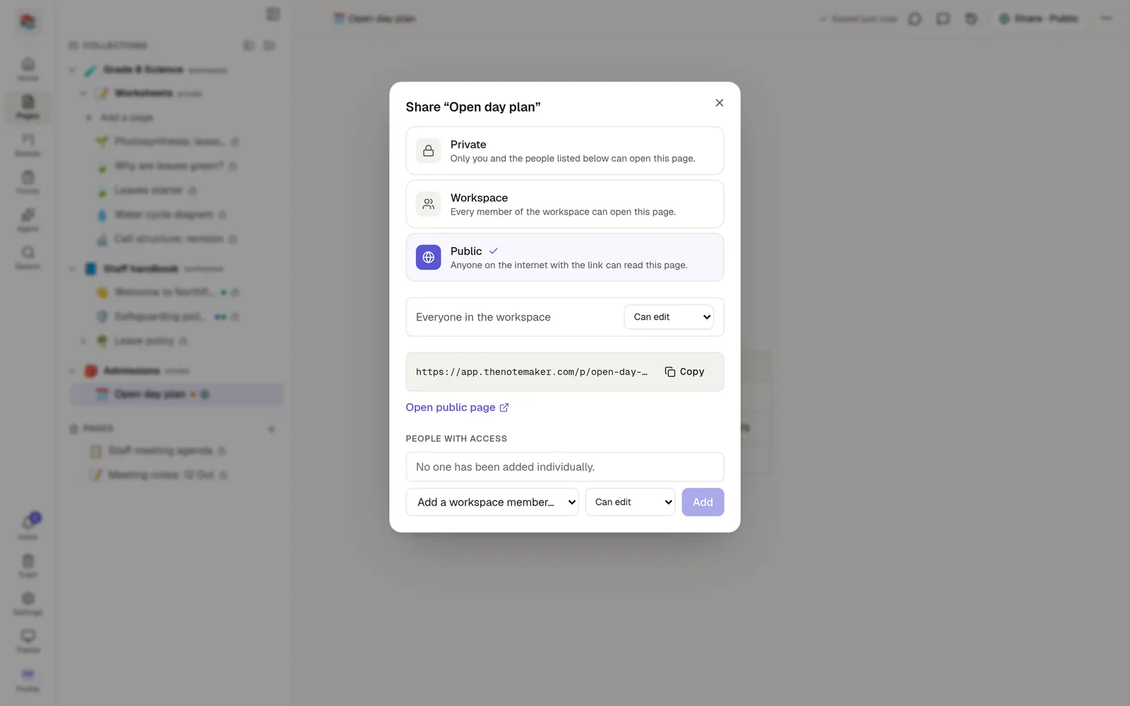 The Share window with the Publish switch on and the public address shown