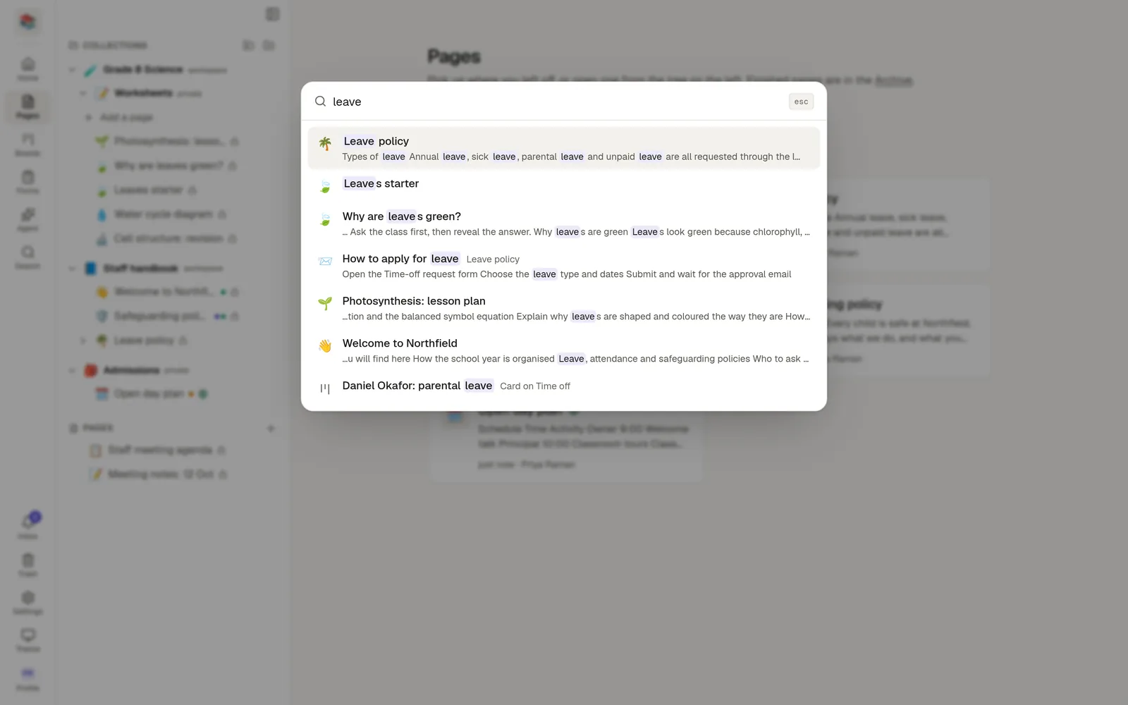 The search window with results for the word leave, each showing a title, its location and a highlighted snippet