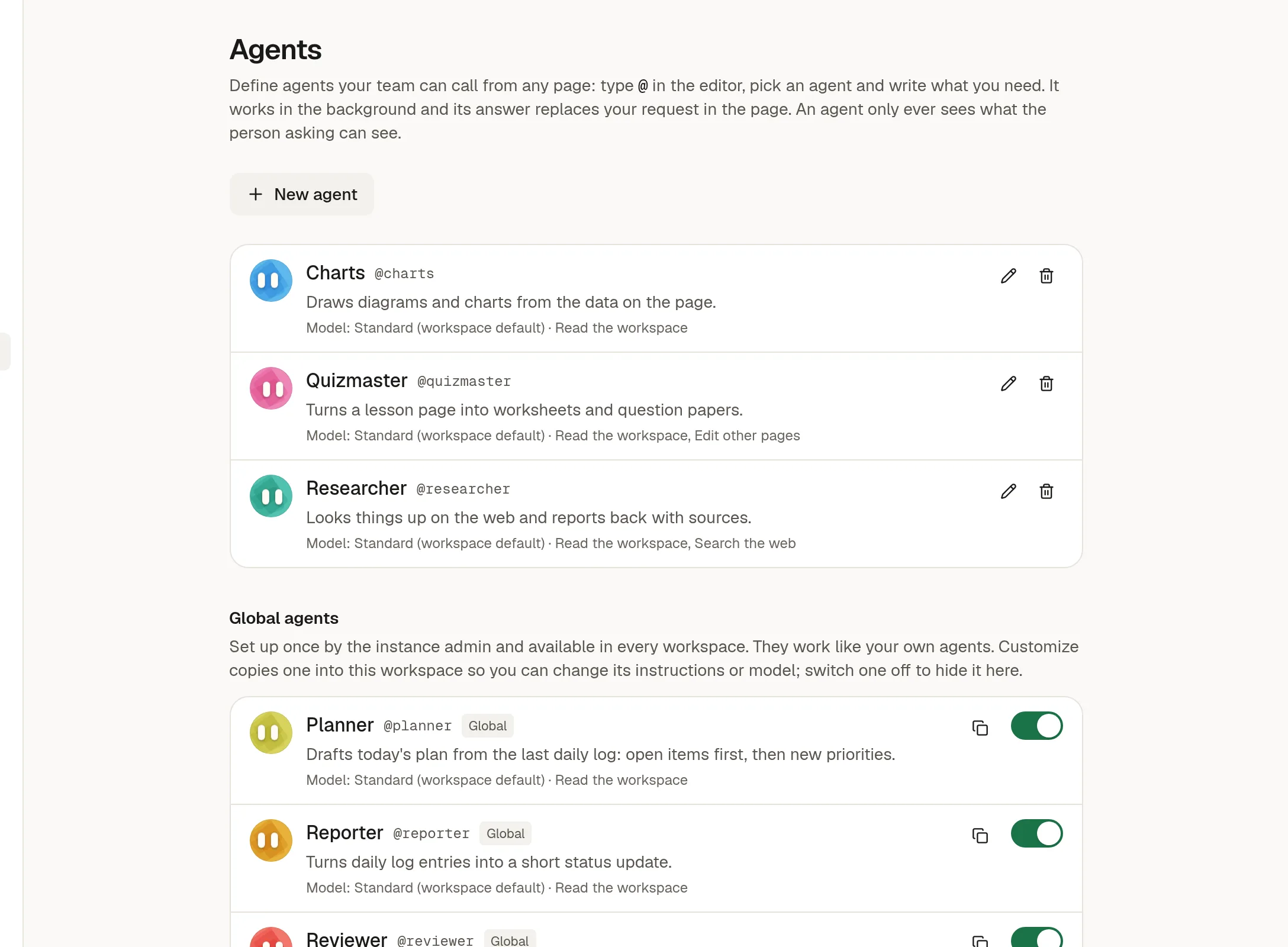 Settings → Agents with workspace agents and global agents
