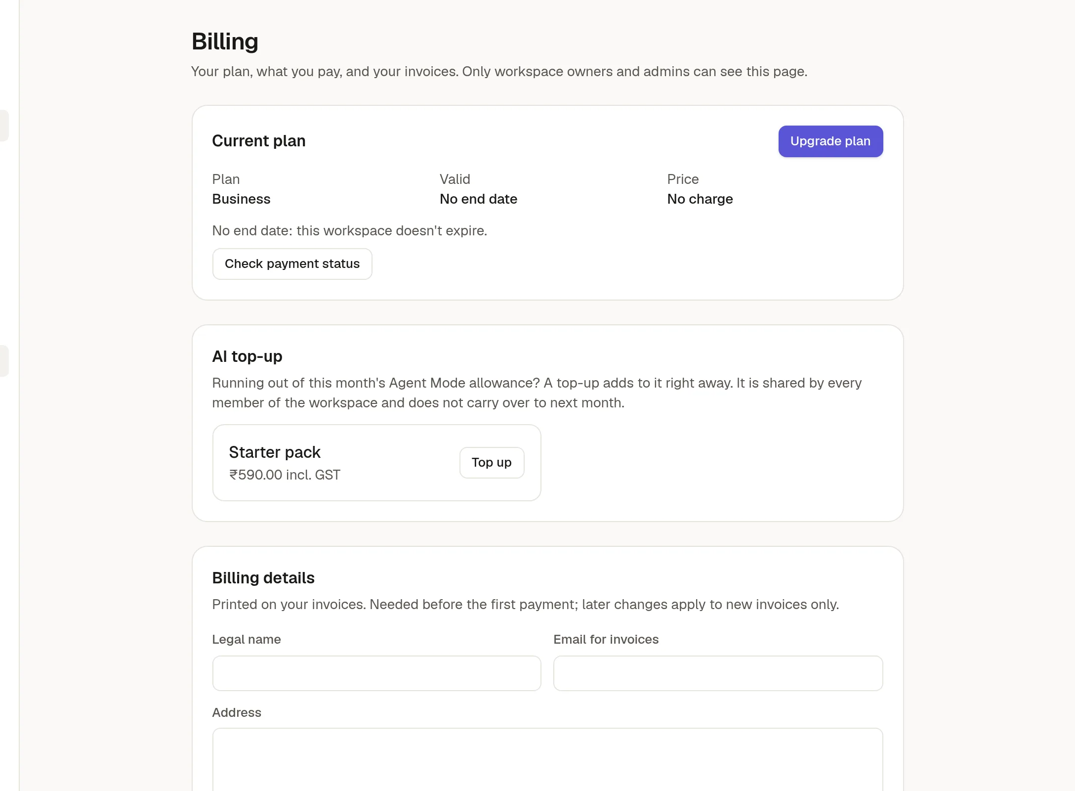 Settings → Billing with the current plan, AI top-up and billing details