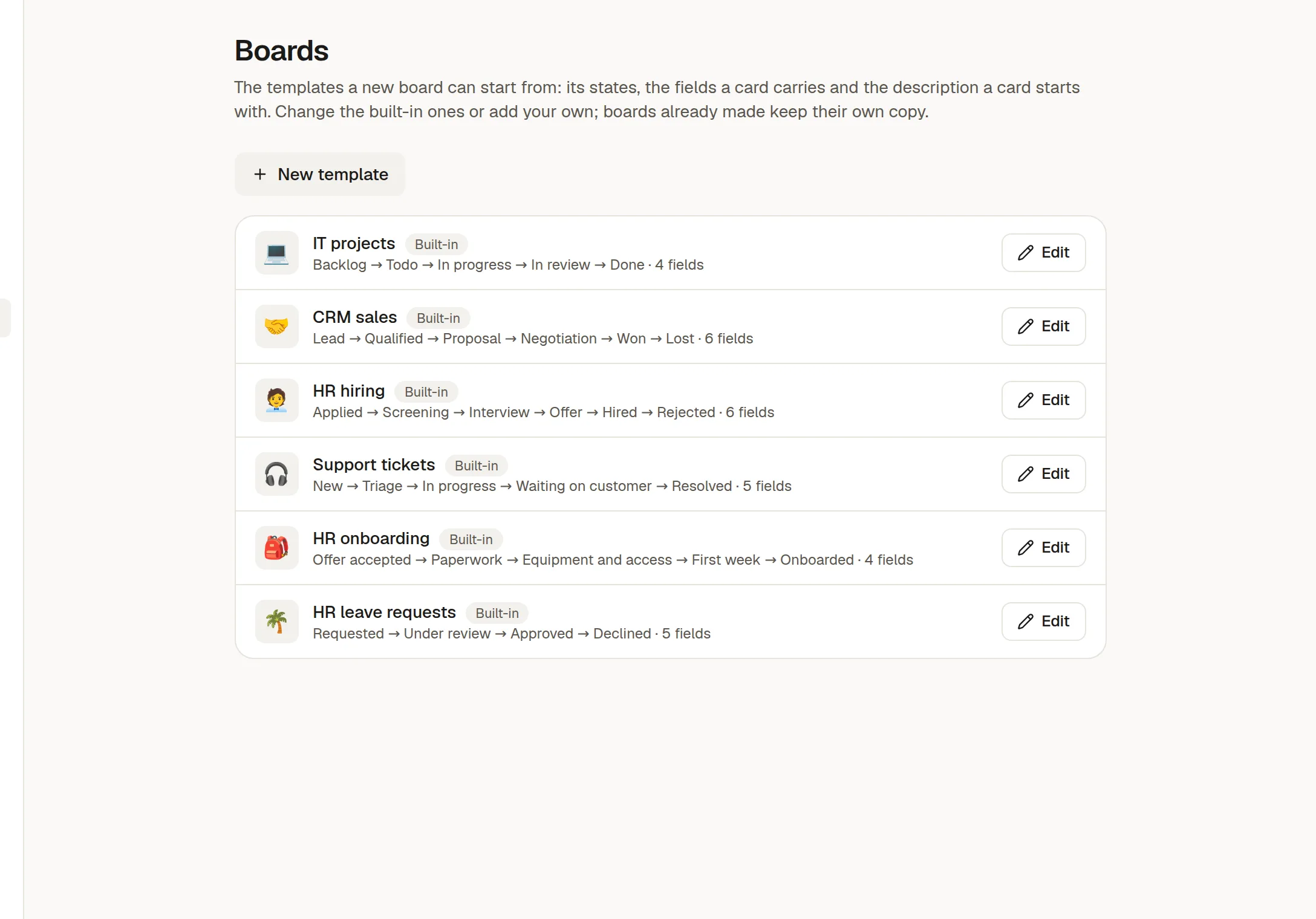 Settings → Boards listing IT projects, CRM sales, HR hiring and other templates