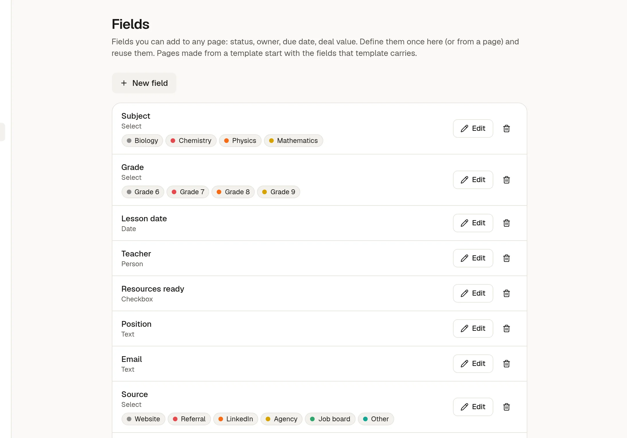 Settings → Fields listing Subject, Grade, Lesson date, Teacher and more