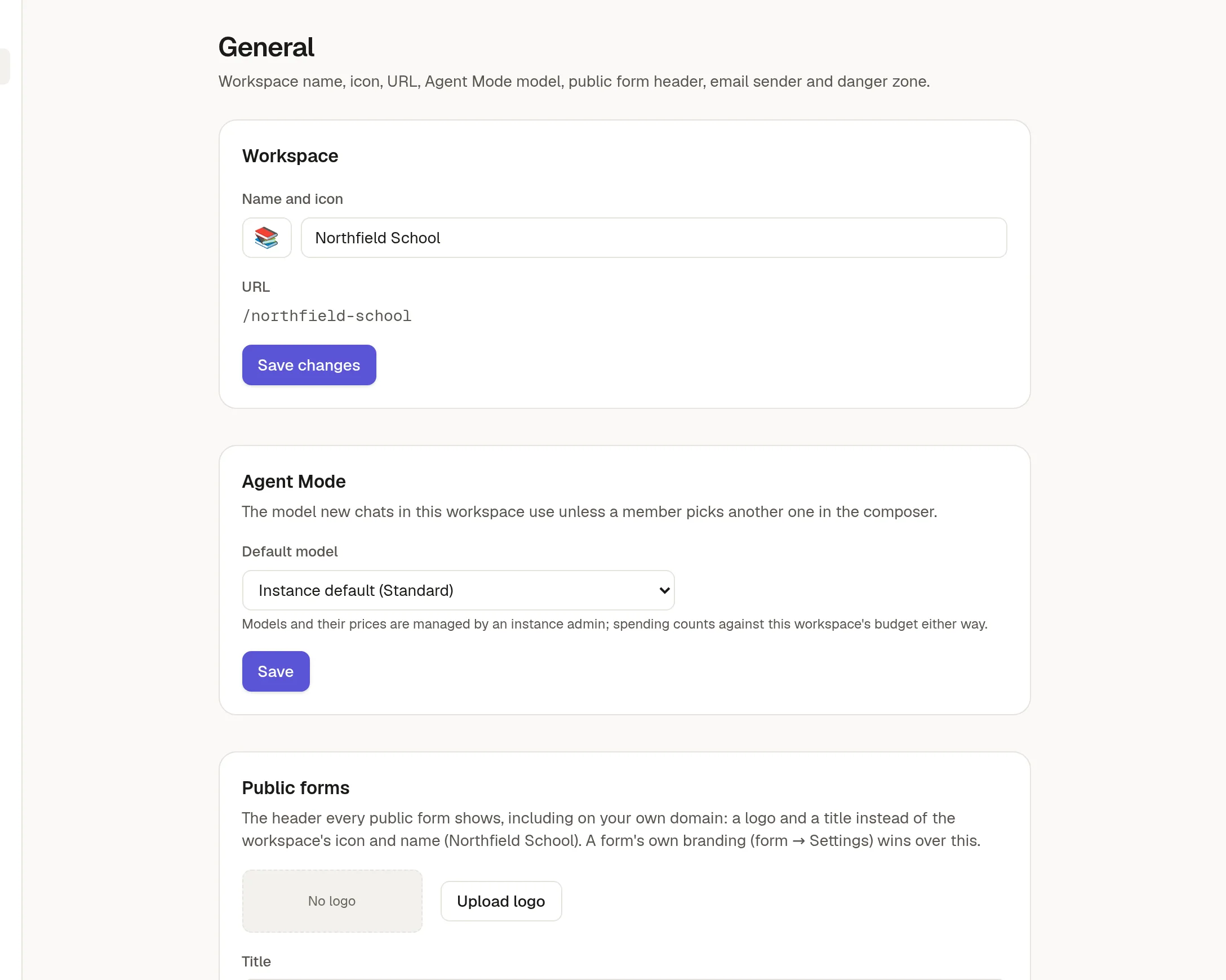 Settings → General with the workspace name, Agent Mode model and public forms