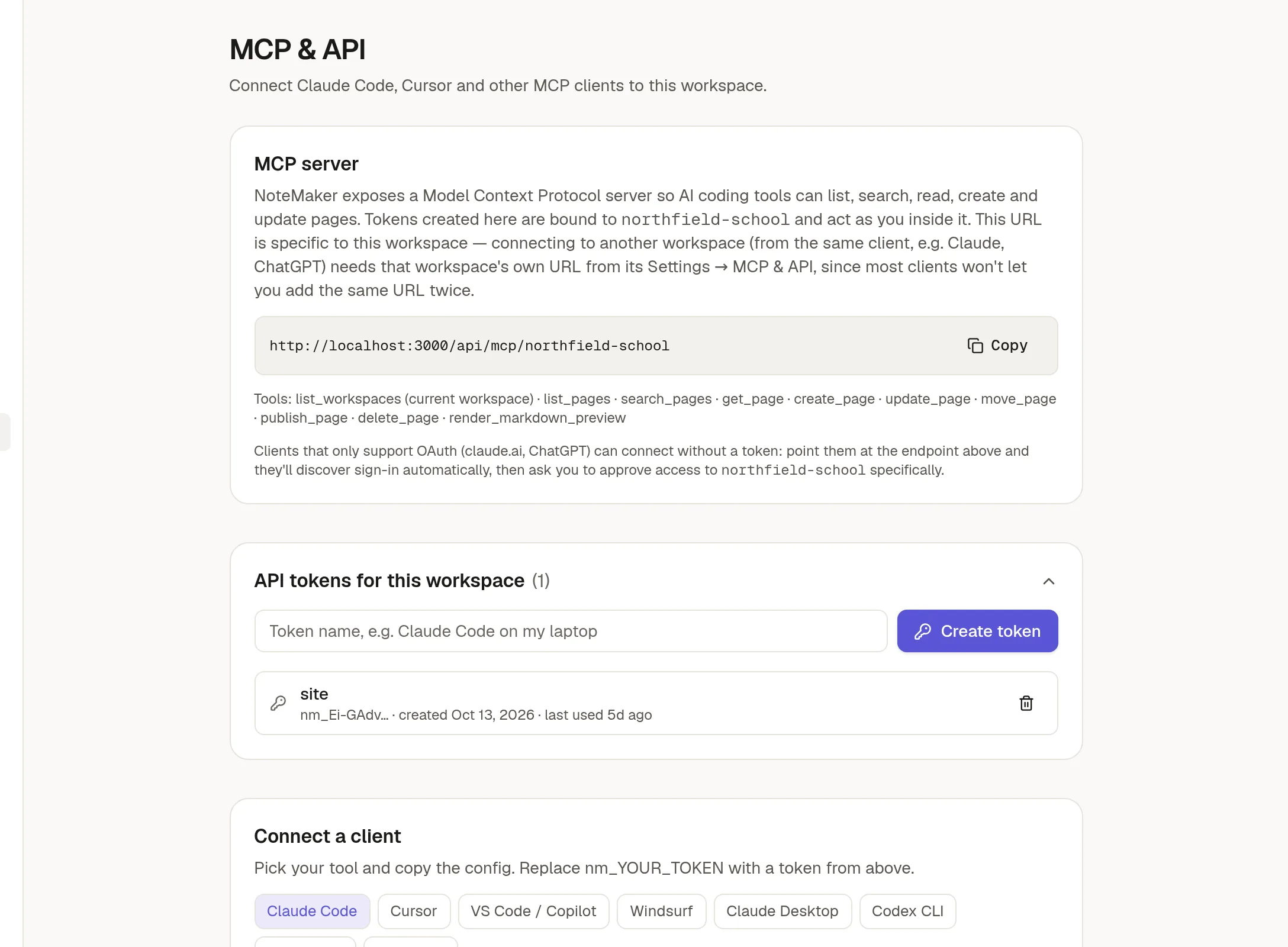 Settings → MCP & API with the server address, token list and client setup tabs