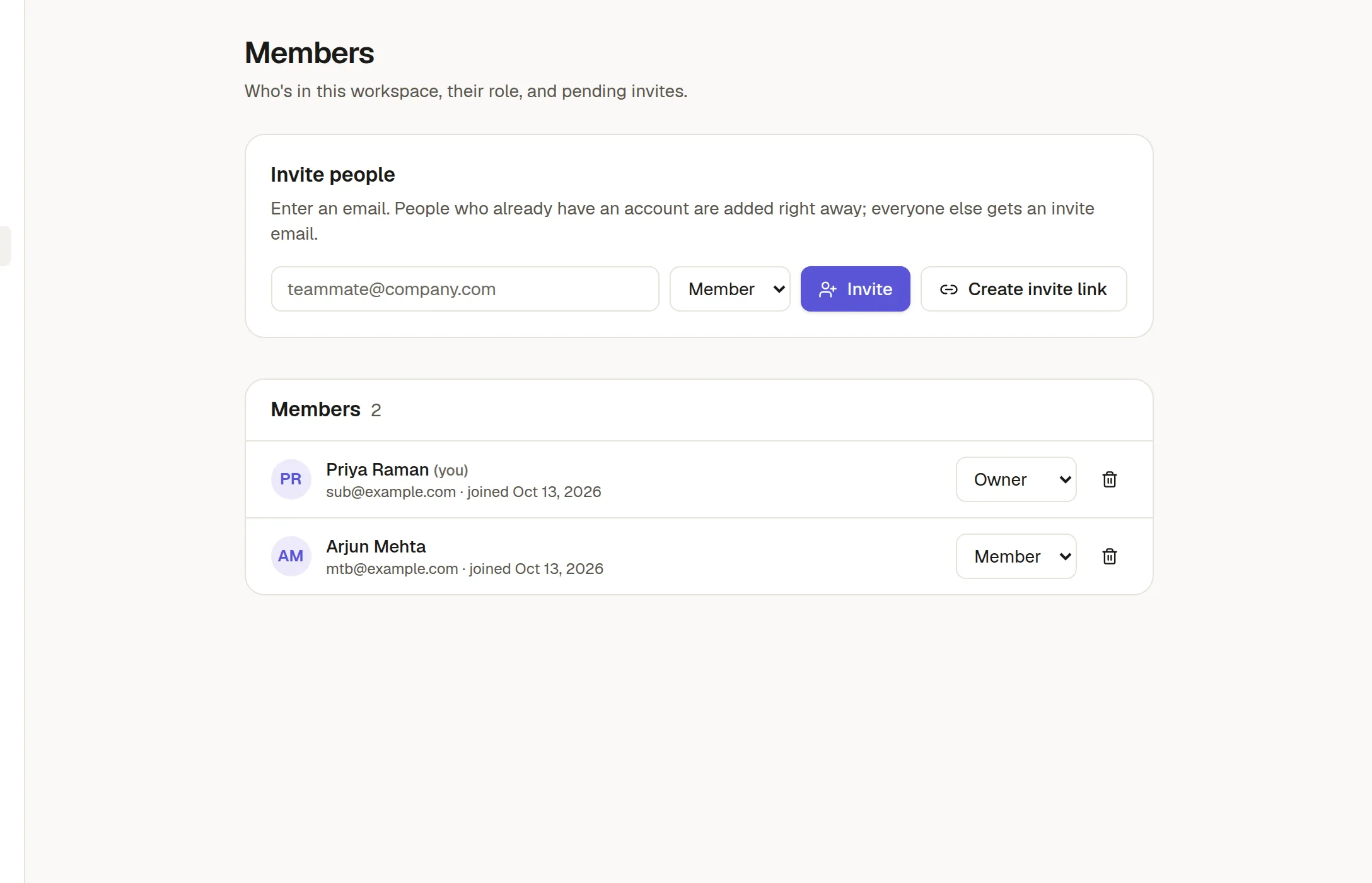 Settings → Members with the invite form and the member list