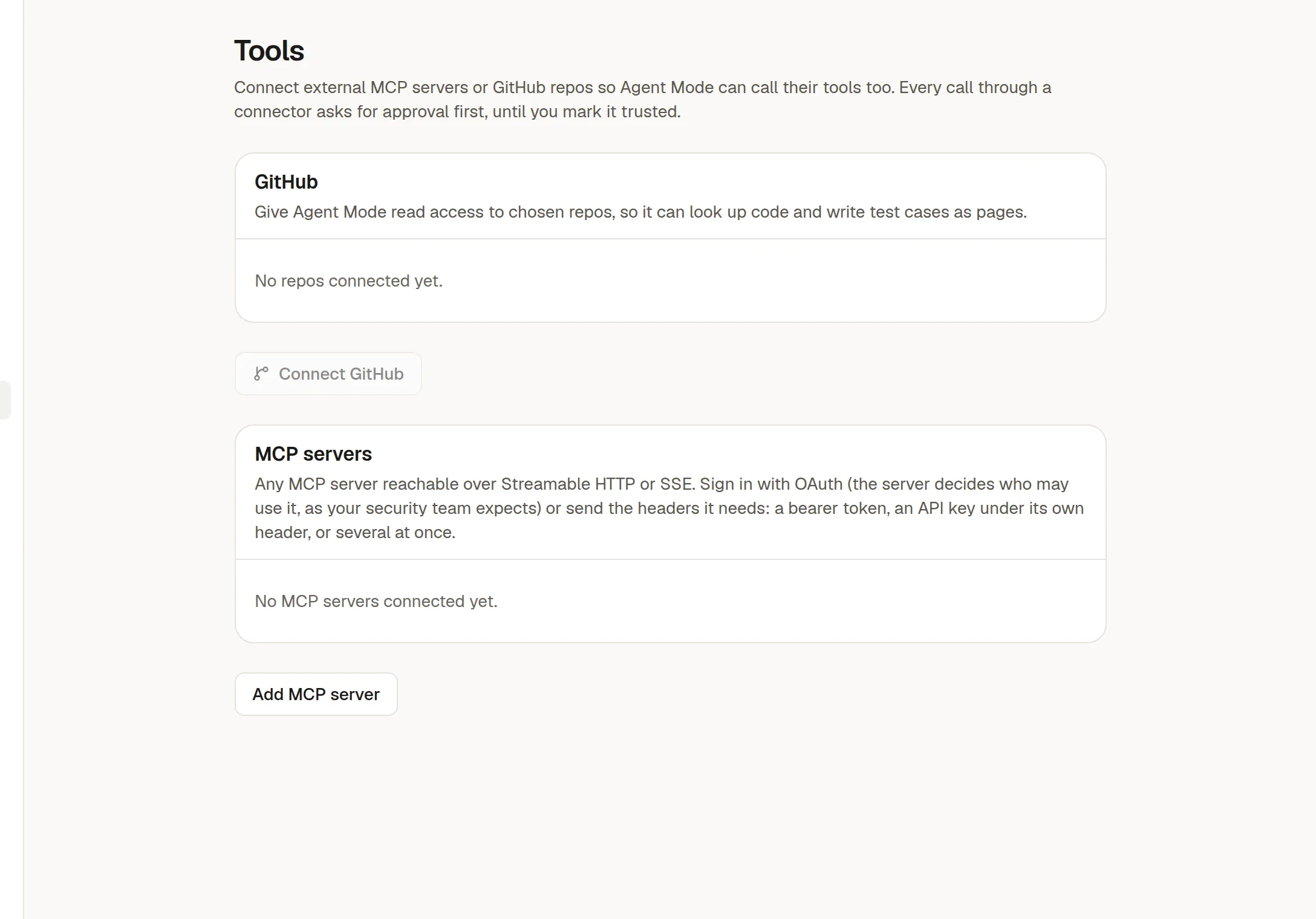 Settings → Tools with a GitHub section and an MCP servers section