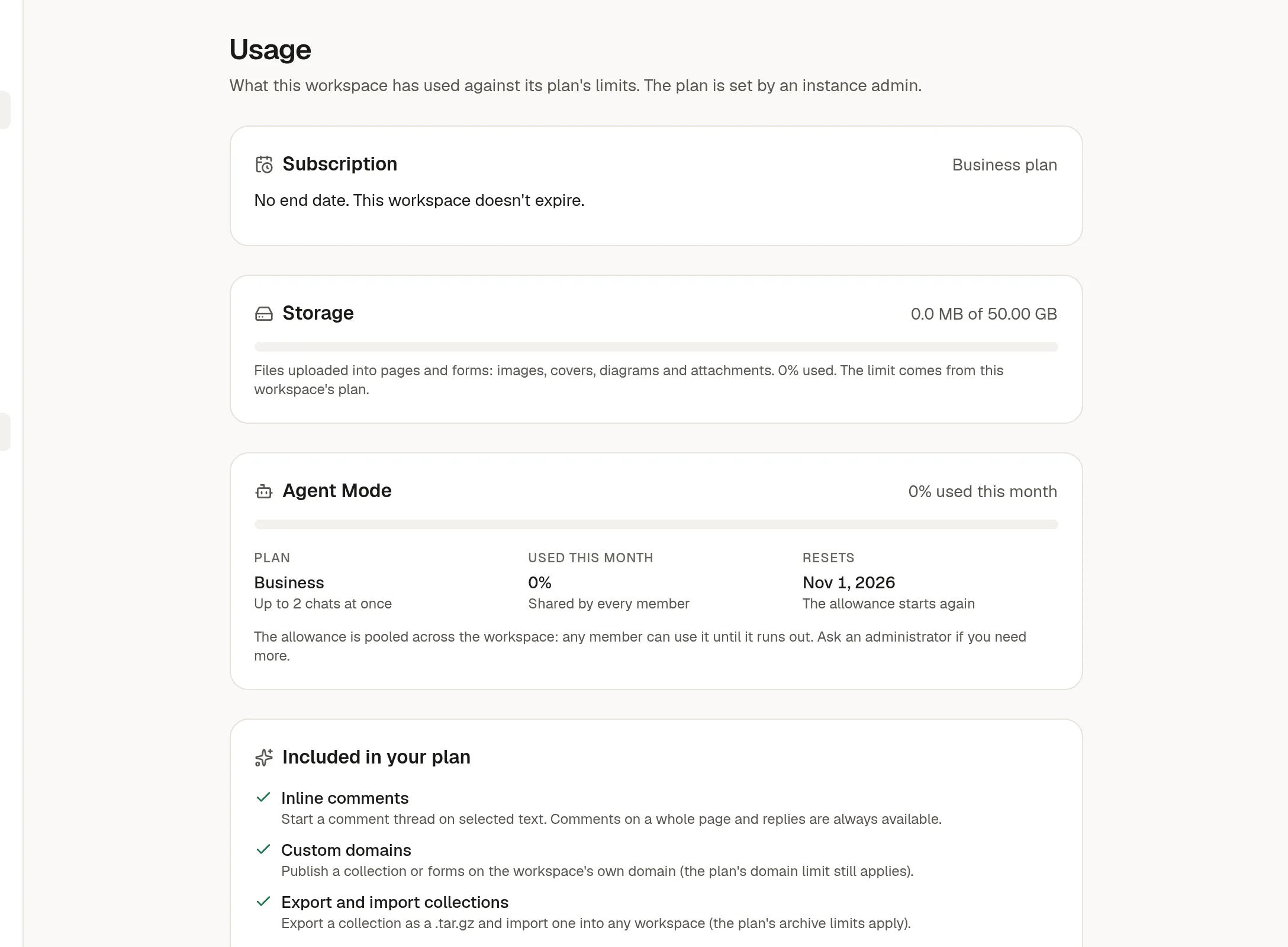 Settings → Usage with subscription, storage and Agent Mode usage