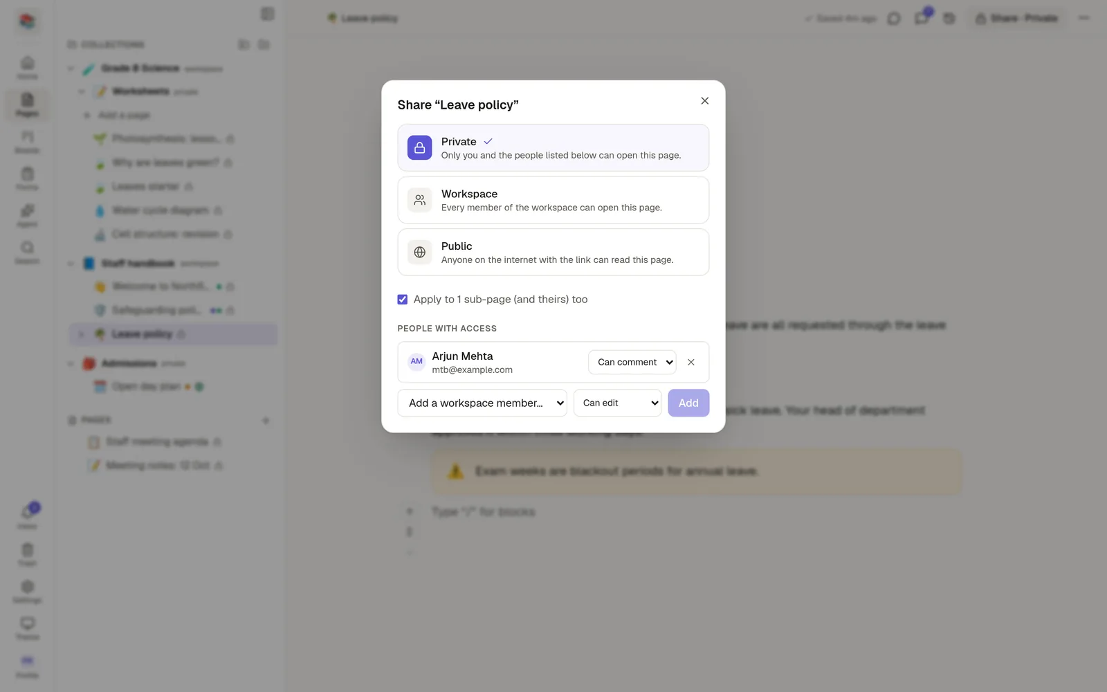 The Share window showing workspace access and people with their access levels