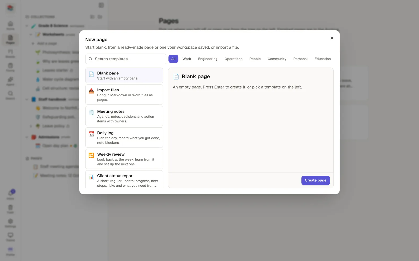 The New page window showing a gallery of templates with a preview on the right